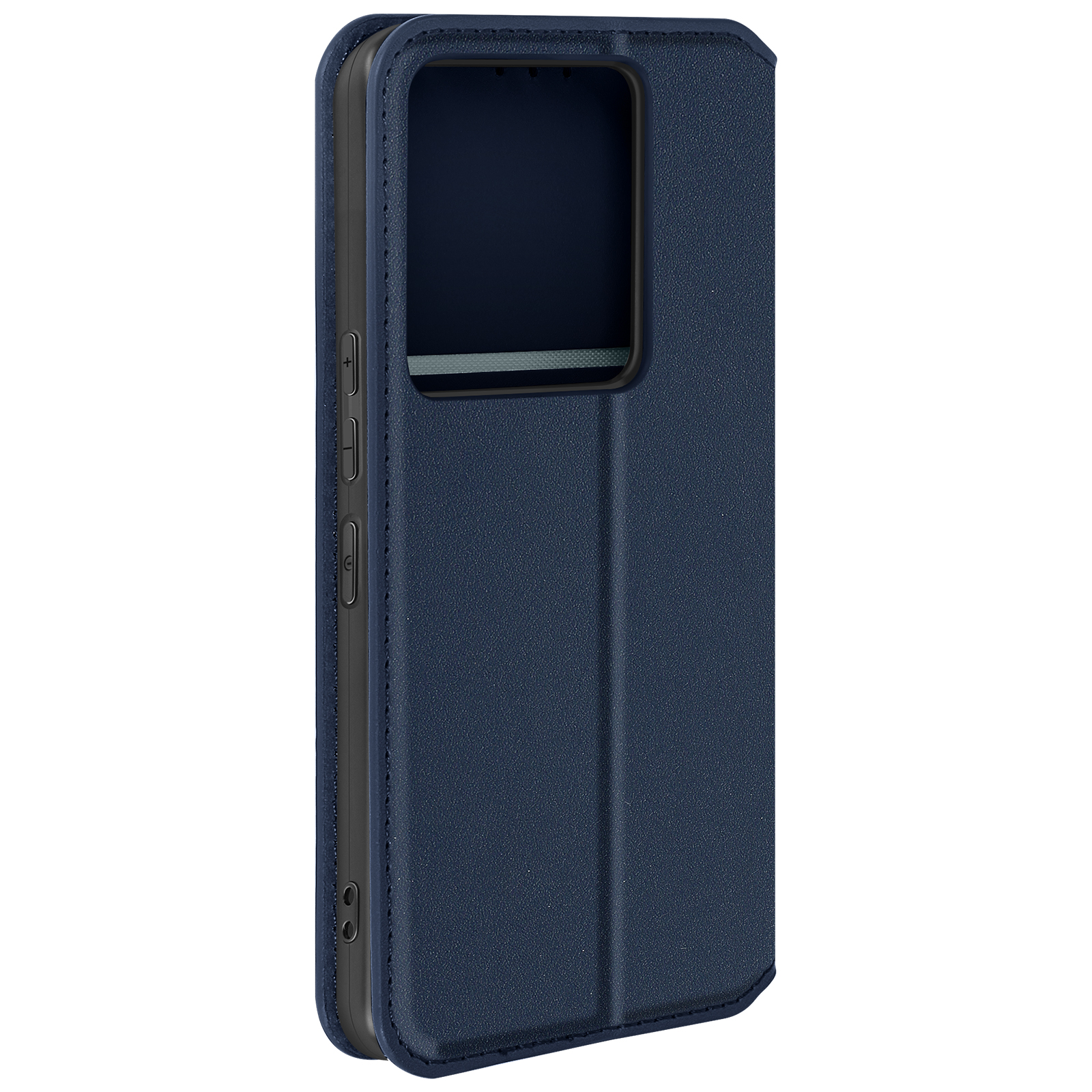 Custodia blu scuro per telefono, chiusa, con ritaglio per fotocamera e pulsanti. Sfondo bianco.