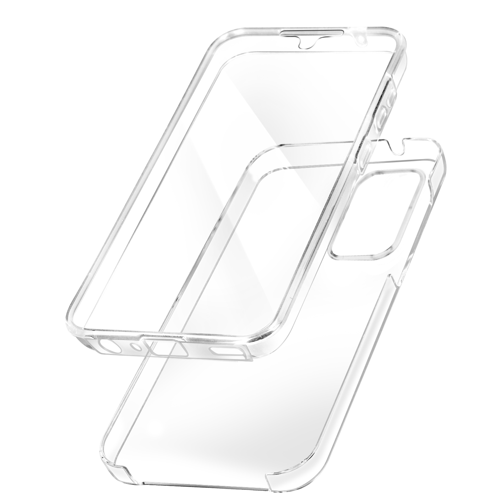 Custodia trasparente per telefono in due pezzi. Plastica trasparente, uno con intaglio fotocamera. Sfondo bianco.