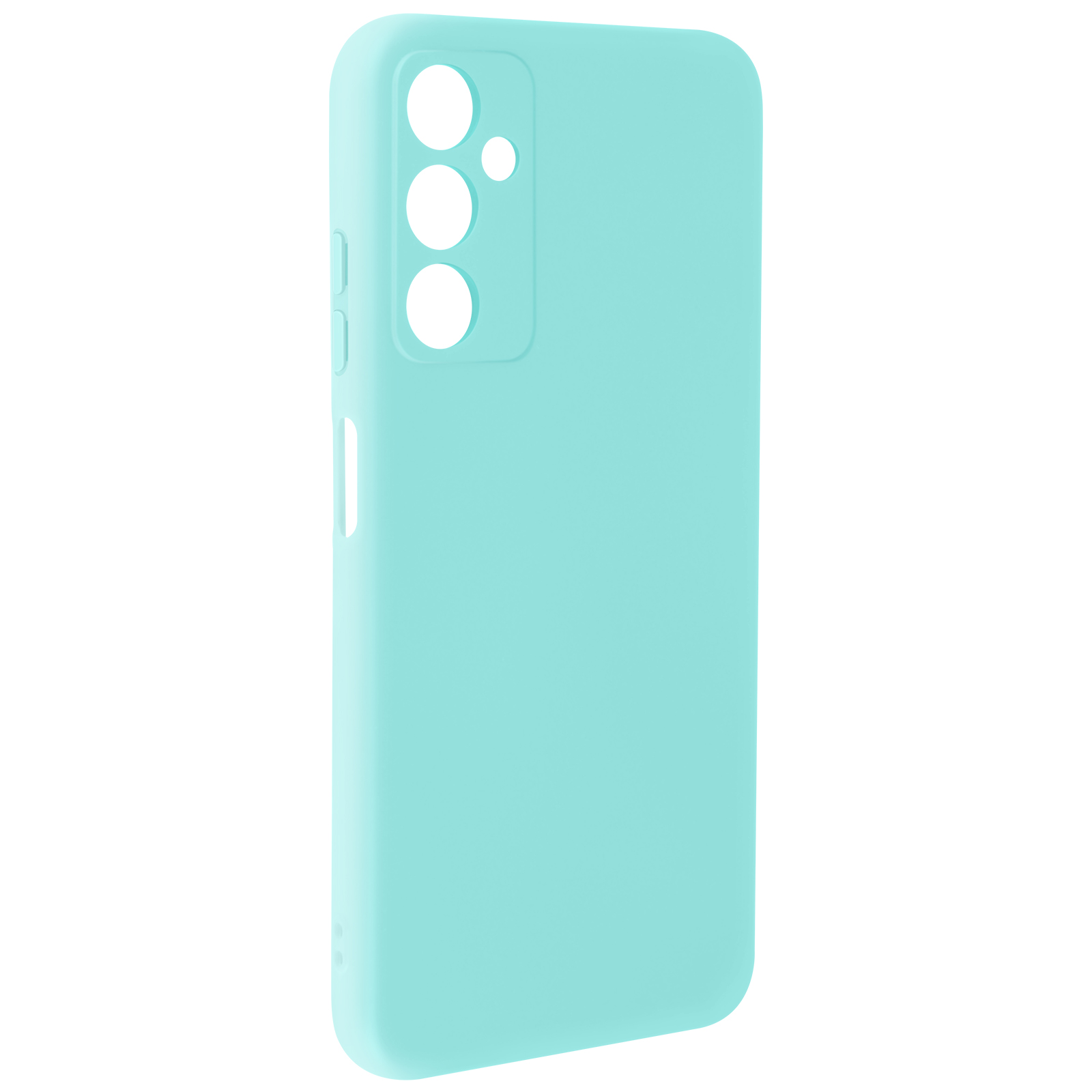 Custodia per telefono azzurra con ritagli per fotocamera e pulsanti.