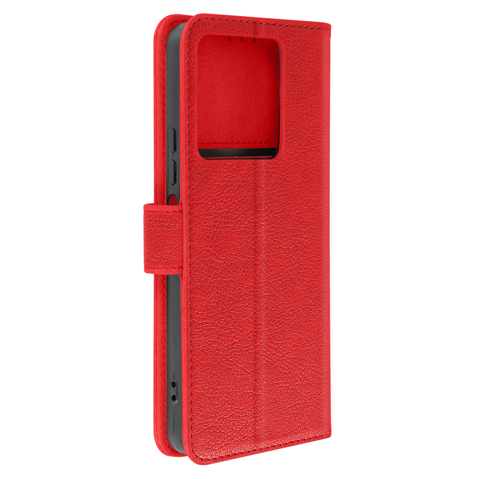 Custodia per telefono rossa, chiusa. Ha una cover strutturata e un interno rosso con un ritaglio a forma di telefono.