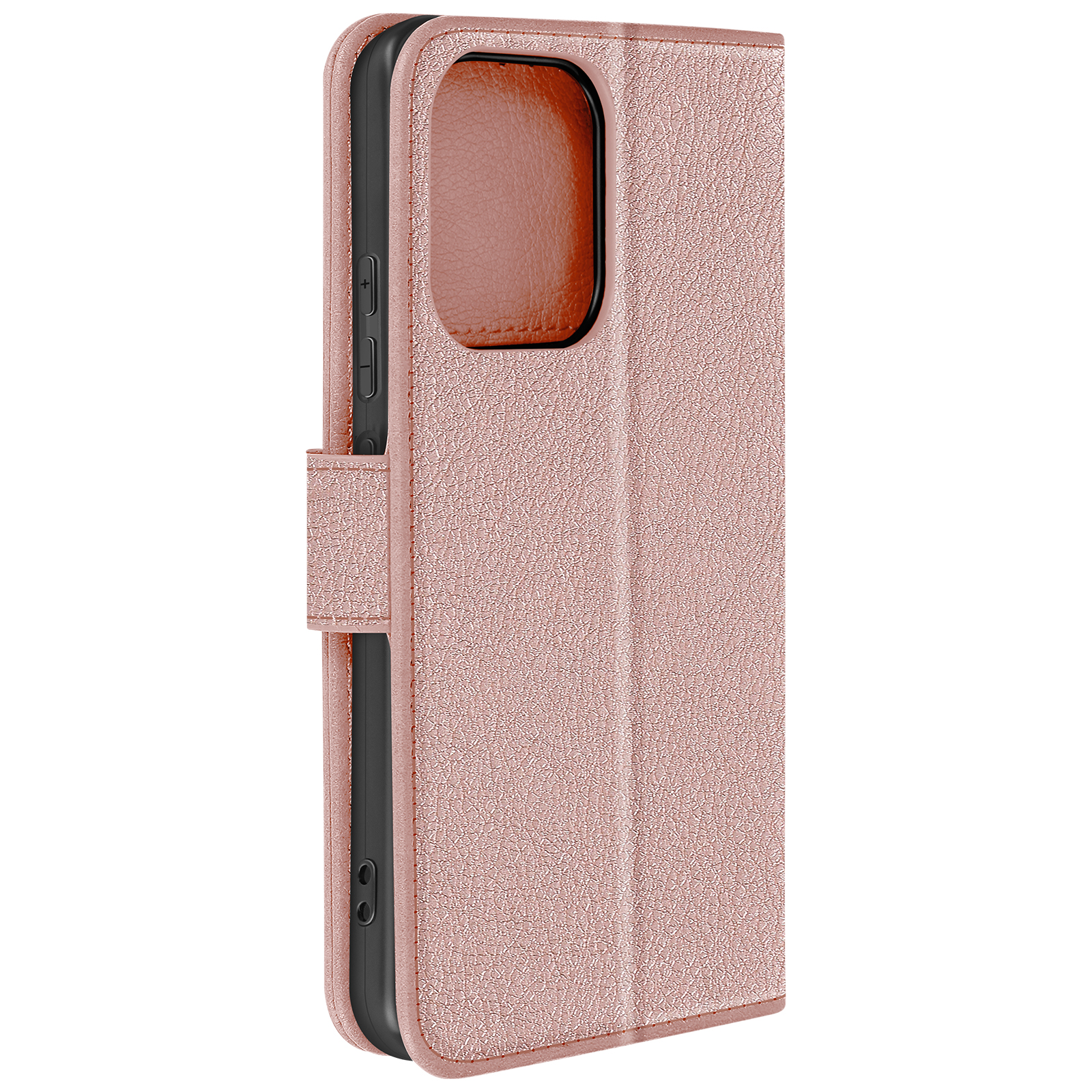 Custodia rosa per telefono con superficie strutturata e finestra aperta per la fotocamera. Interno nero, pulsanti laterali.