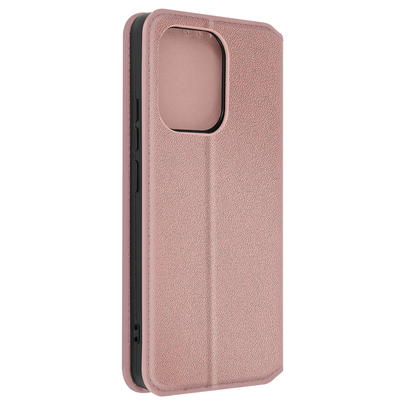 Una custodia per telefono in pelle rosa con un design aperto, che rivela l'area della fotocamera del telefono.