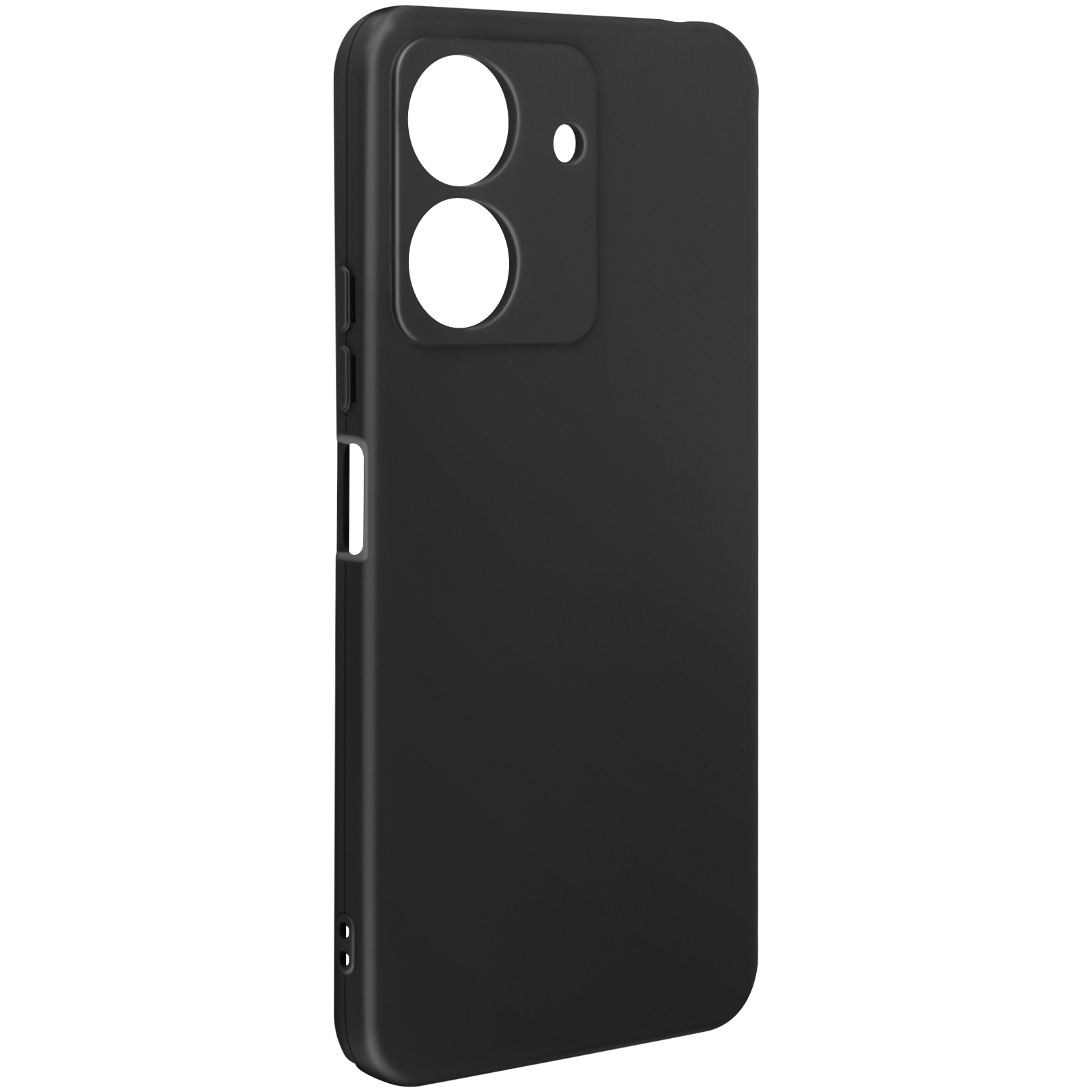 Custodia per telefono nera con fori per fotocamera. Su sfondo bianco.