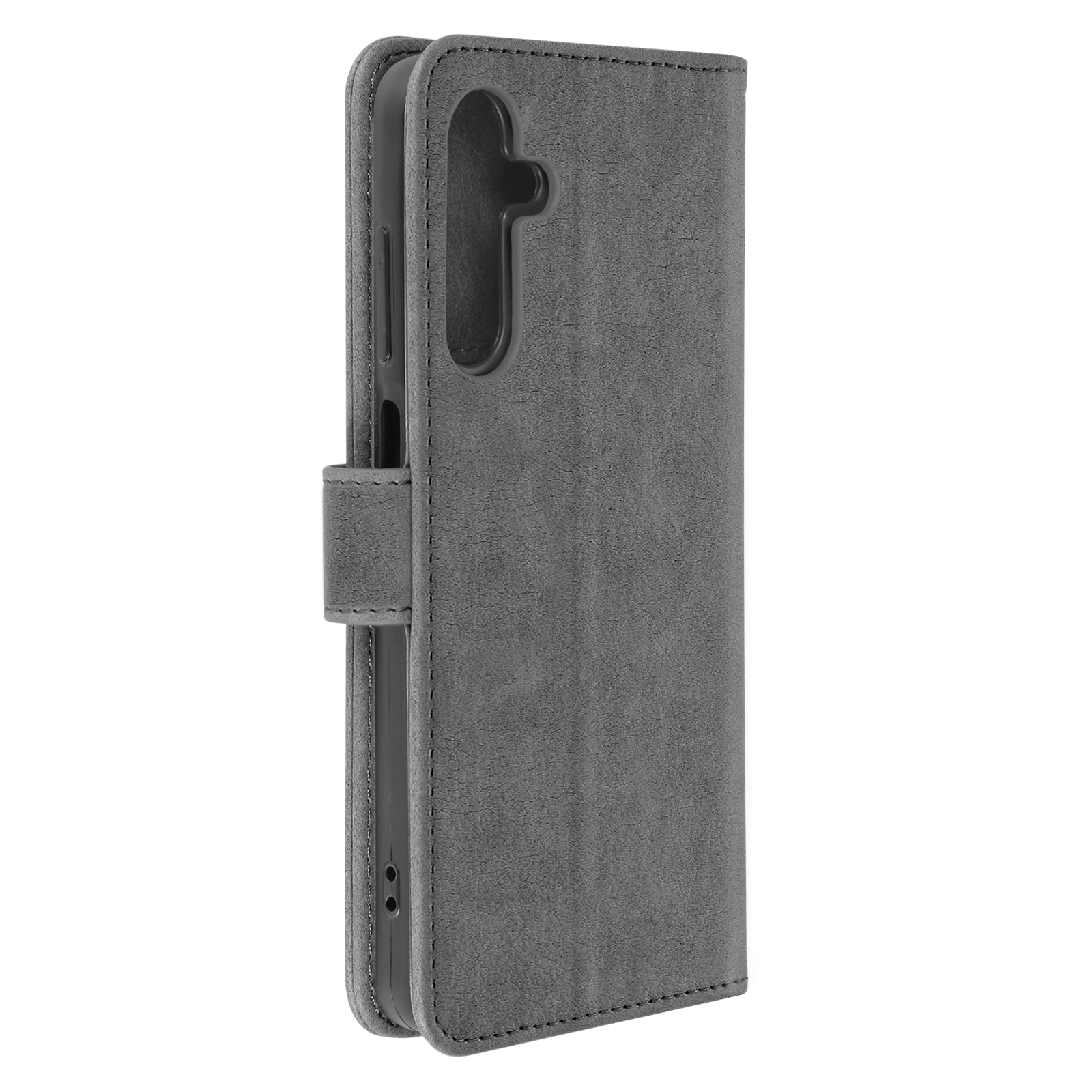 Custodia grigia per telefono, chiusa. La cover ha una patta con un bottone. Interno nero, esterno grigio.