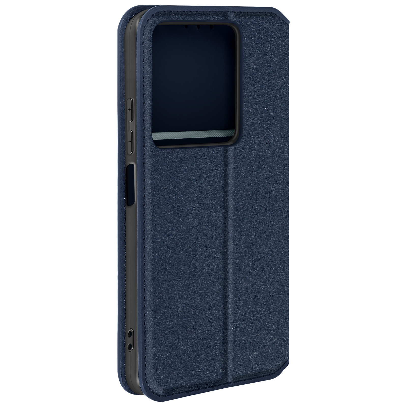 Una custodia per telefono blu chiusa con un ampio ritaglio per la fotocamera. La custodia è realizzata in materiale simile alla pelle.