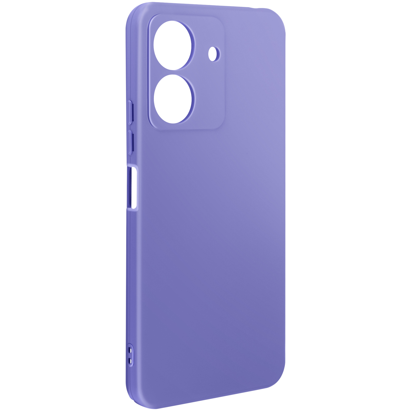 Custodia per telefono viola, con fori per fotocamera e pulsanti.