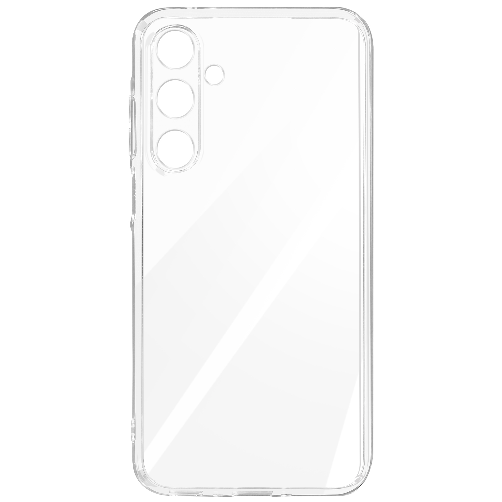 Una custodia trasparente per telefono con tre ritagli per fotocamera, su sfondo bianco.