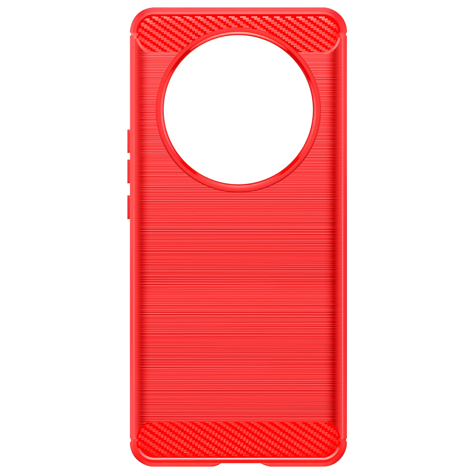 Custodia per telefono rossa con un grande ritaglio circolare per la fotocamera. Ha un motivo strutturato.