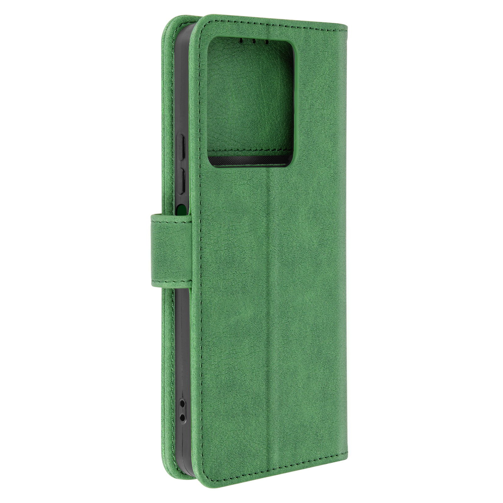 Custodia verde per telefono, superficie strutturata con finestra per fotocamera aperta. Interno nero, pulsanti laterali e chiusura magnetica.