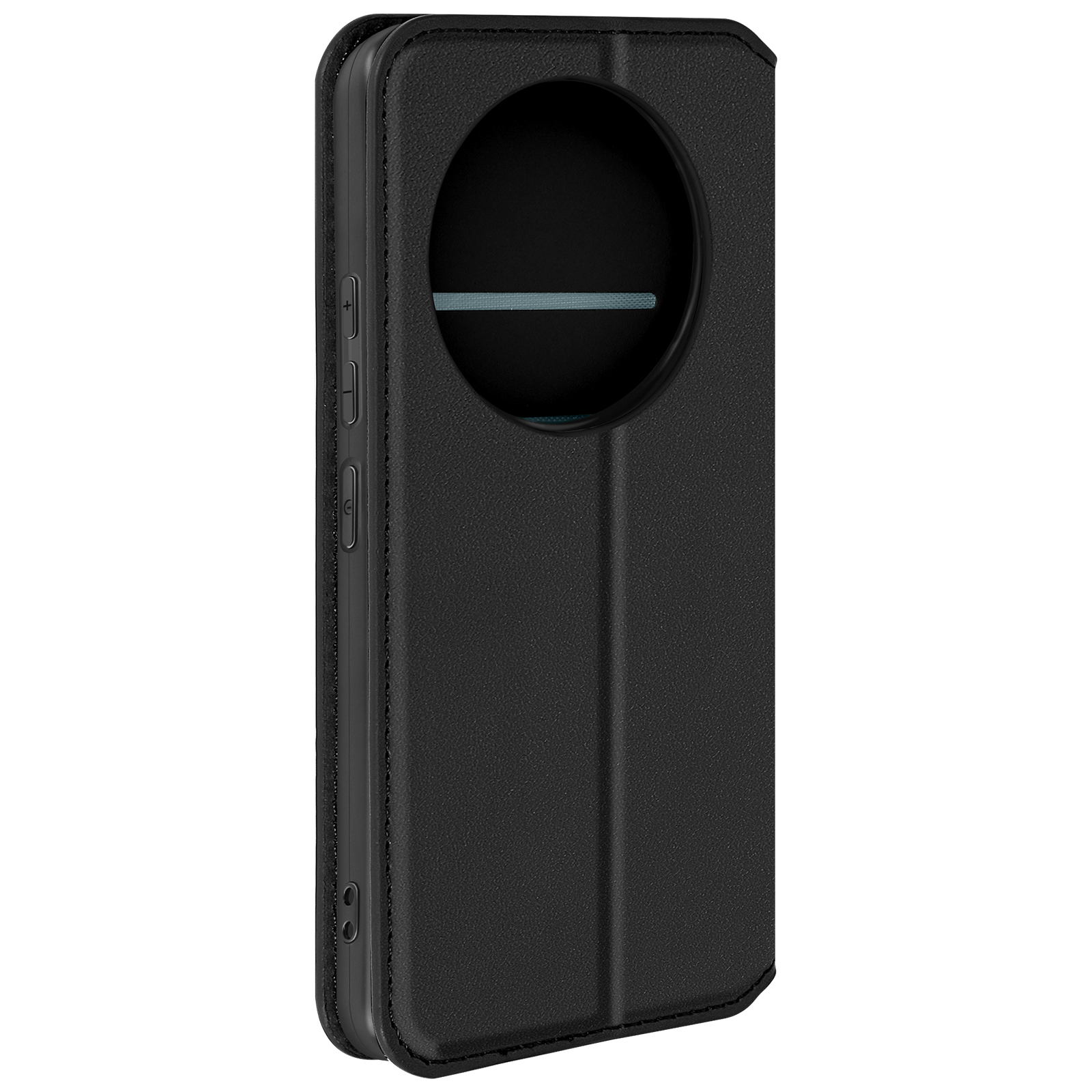 Una custodia per telefono nera con una finestra circolare per la fotocamera.