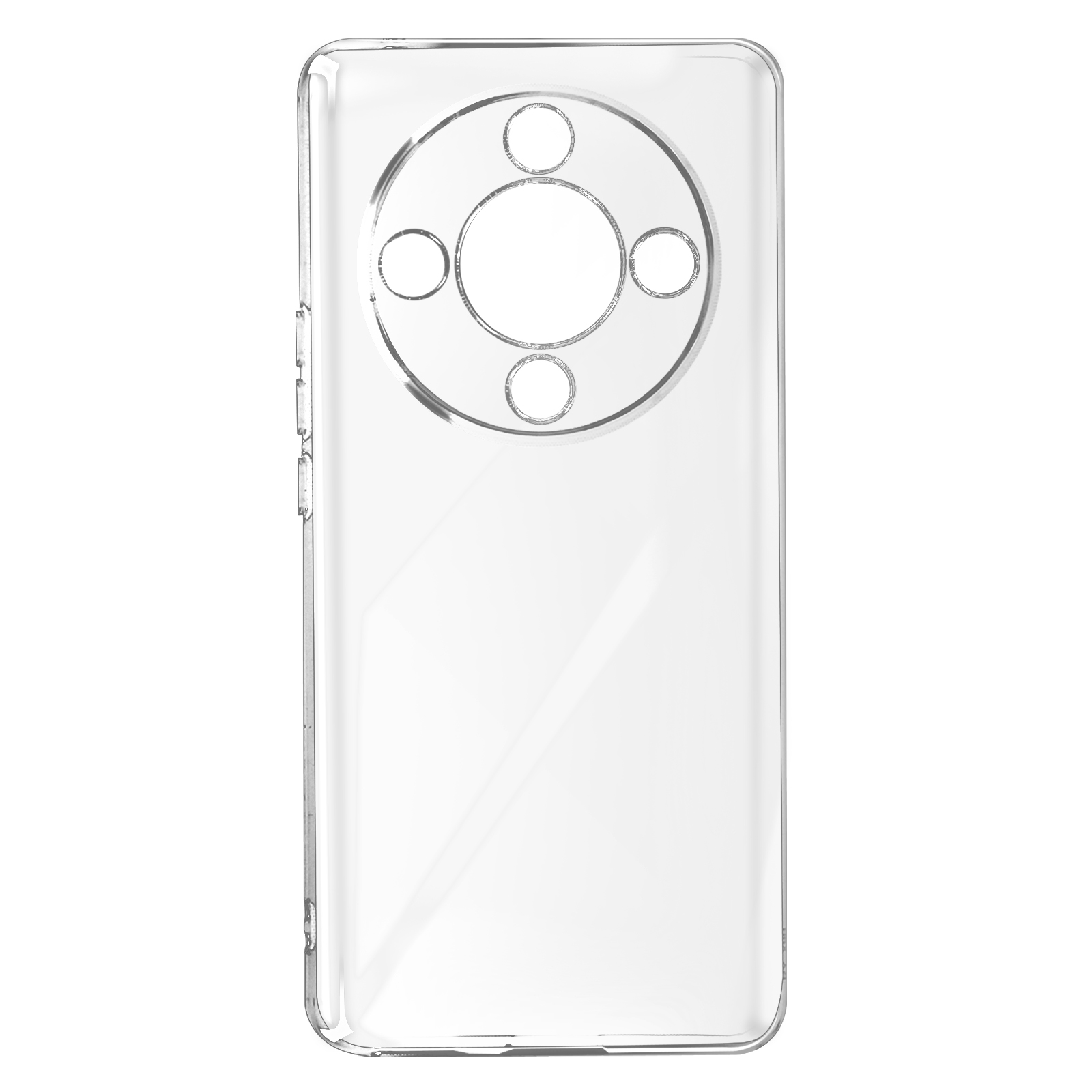 Custodia trasparente per telefono. Mostra fori per fotocamera e pulsanti laterali, sfondo bianco.