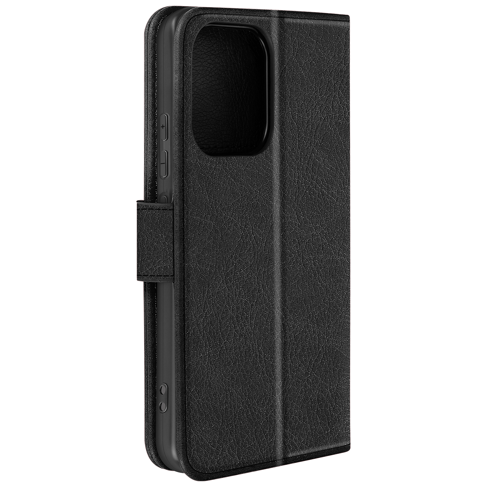 Custodia in pelle nera, stile portafoglio. Chiusa, rivelando il telefono.