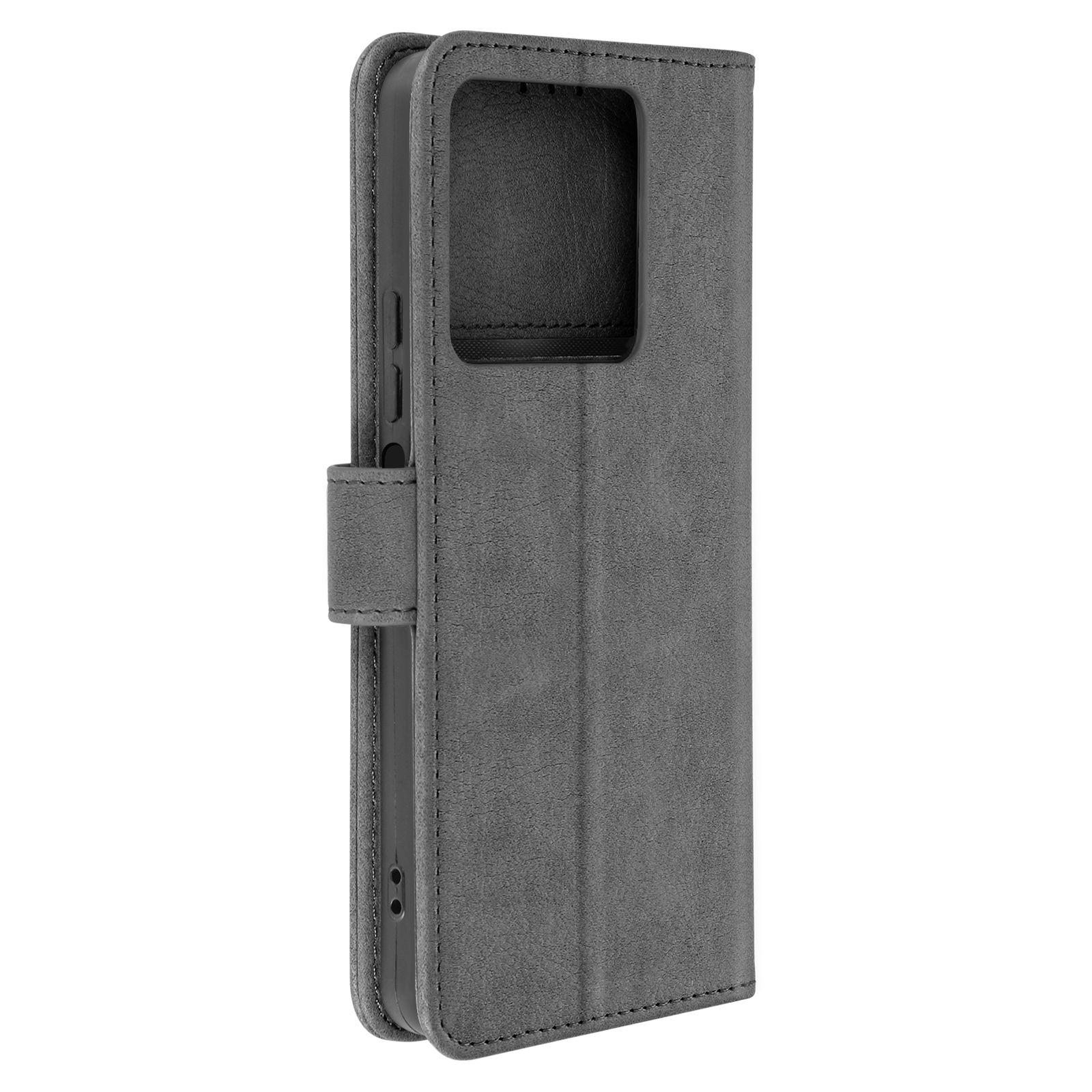 Custodia grigia per telefono, chiusa, con chiusura magnetica. Sembra essere in pelle.