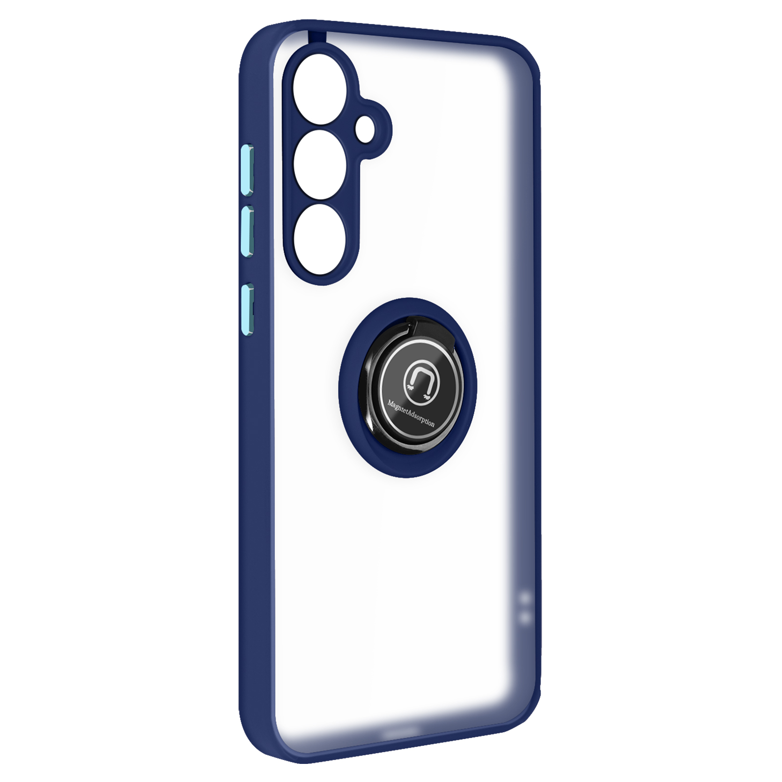 Custodia trasparente per telefono con bordi blu e supporto ad anello nero. La custodia ha tre ritagli per la fotocamera.