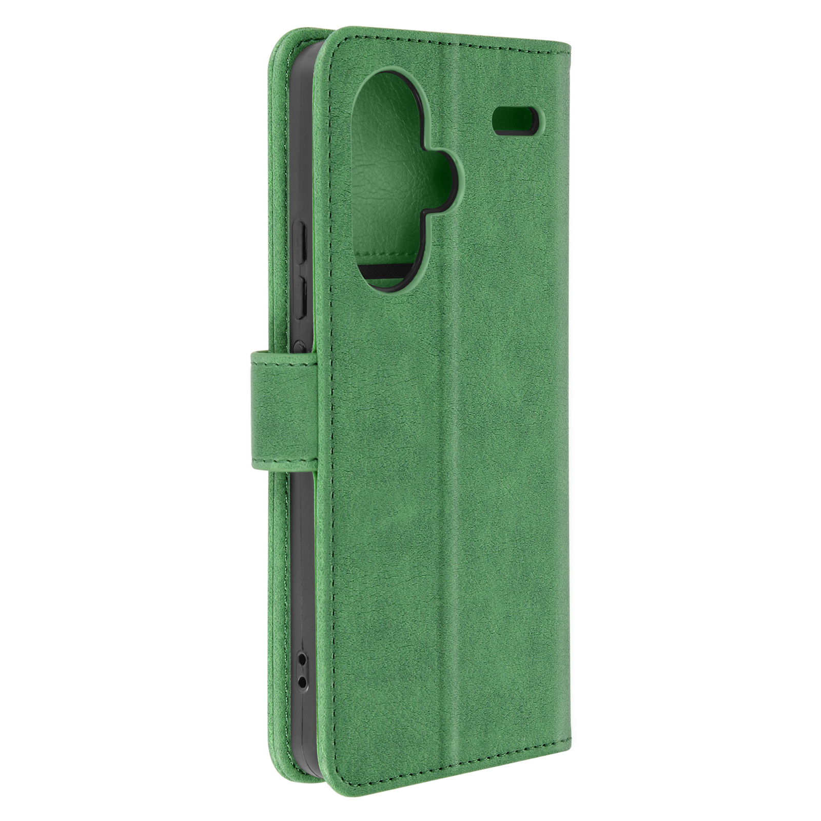 Custodia per telefono in pelle verde con chiusura magnetica.