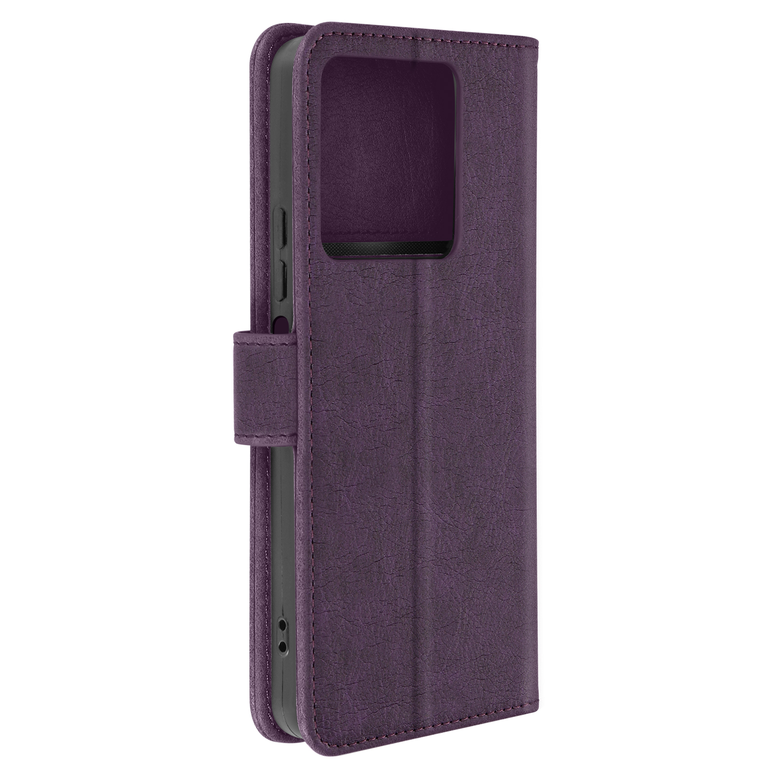 Custodia per telefono in pelle viola chiusa, con chiusura a scatto.