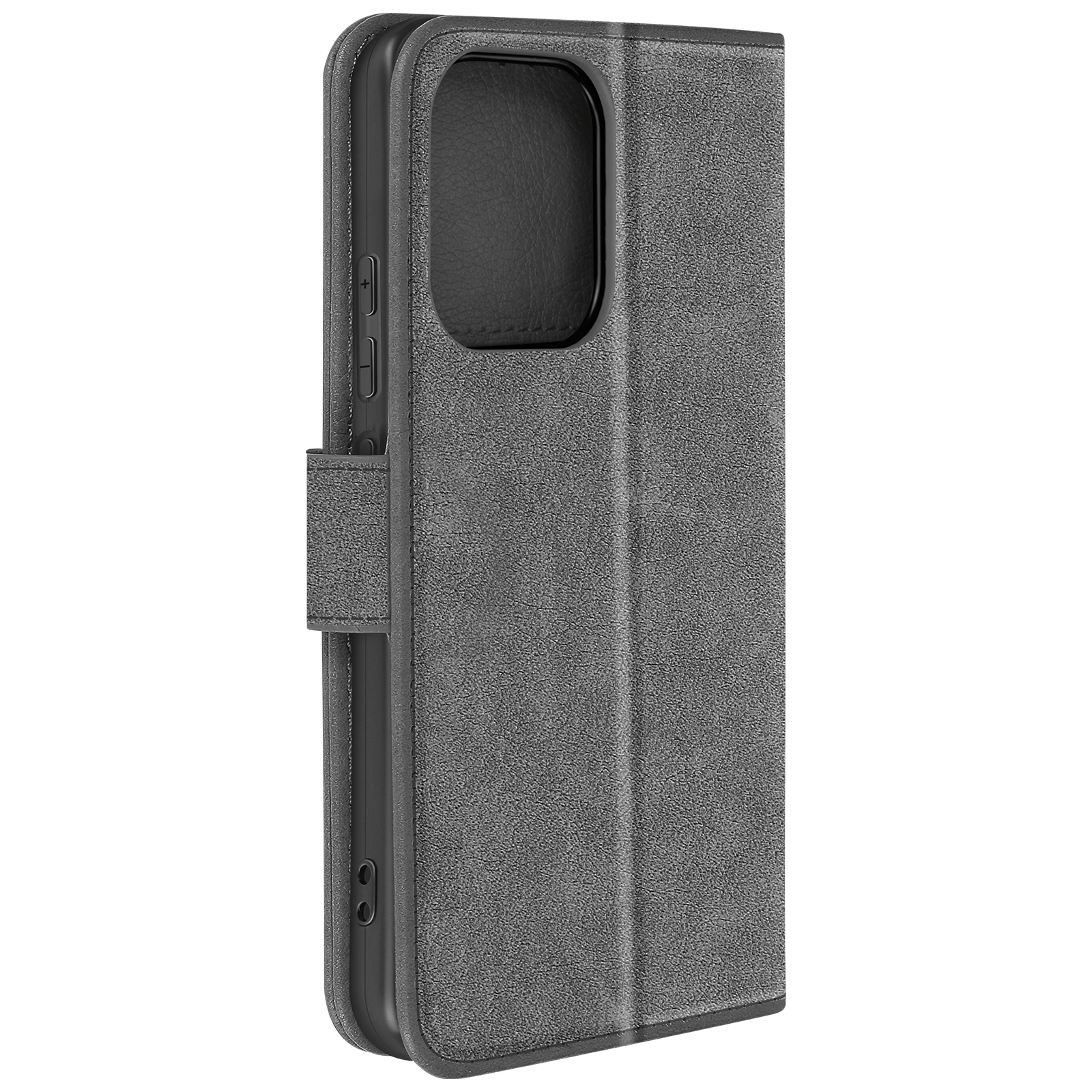Custodia per telefono in pelle grigia con chiusura magnetica.