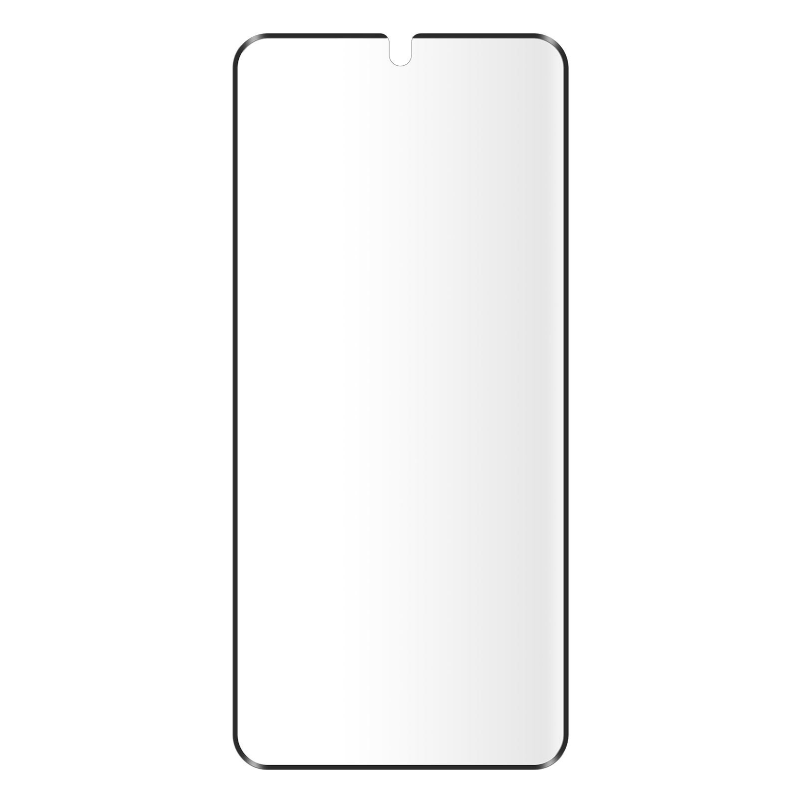 Una protezione schermo trasparente per un telefono, rettangolare e trasparente, con angoli arrotondati.