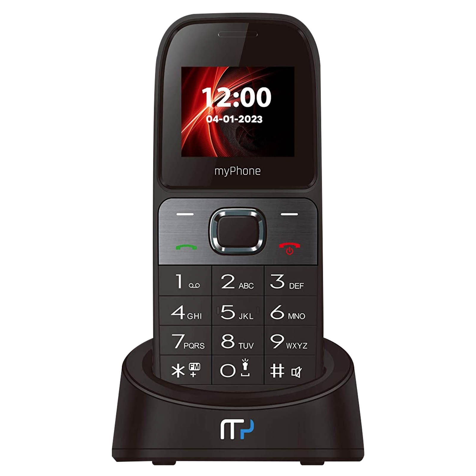 Schwarzes Telefon mit Bildschirm, der 12:00 Uhr und ein Datum anzeigt. Es steht in einer schwarzen Ladestation.