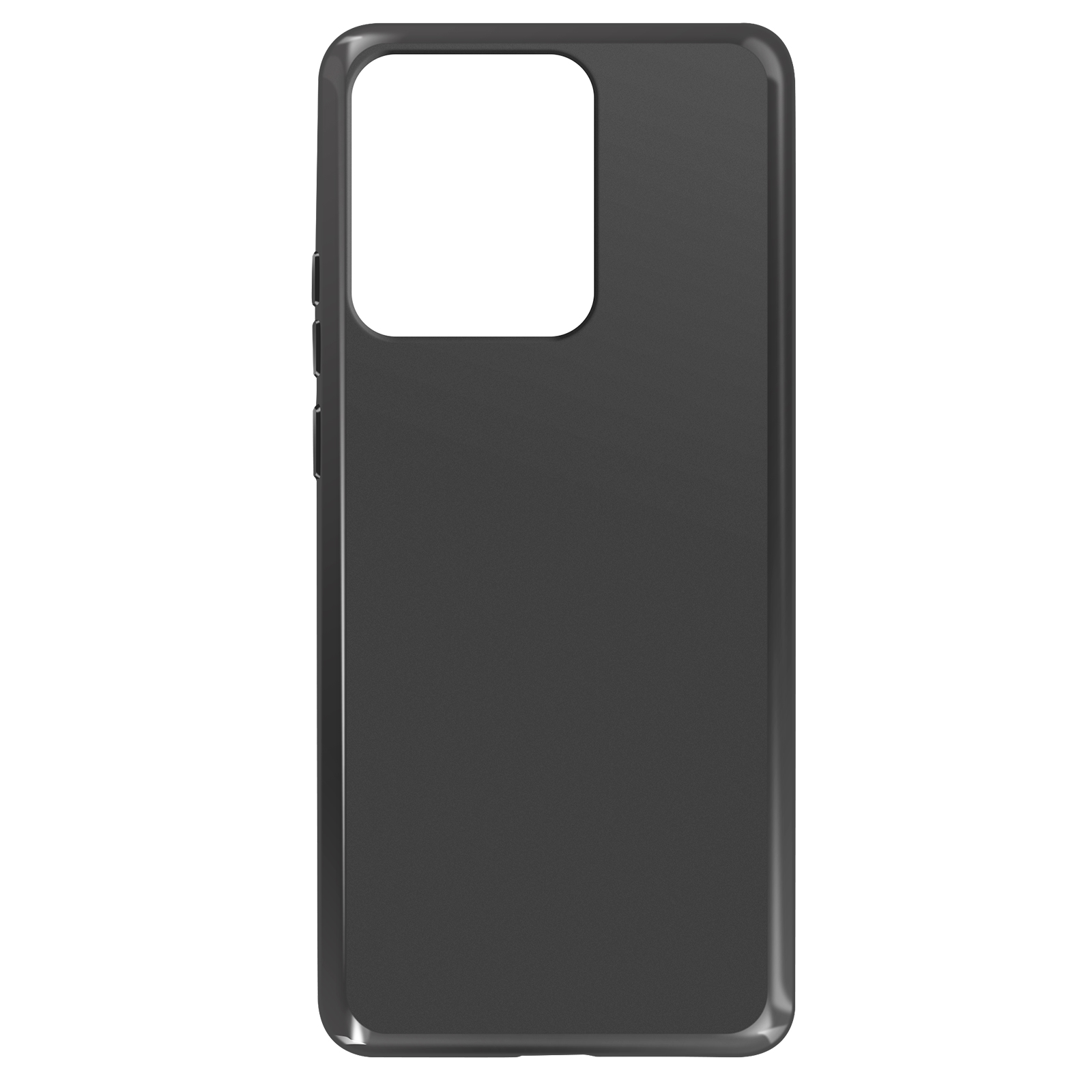 Schwarze Handyhülle mit Kameraausschnitt. Die Hülle liegt auf weißem Grund. Sie hat ein schlankes, dunkles Design.