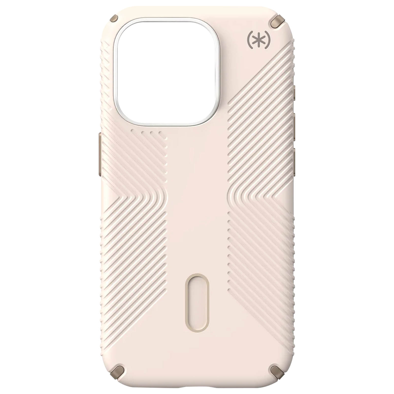 Coque de téléphone blanc cassé avec design géométrique. Découpe pour caméra et boutons latéraux. Anneau de caméra noir.