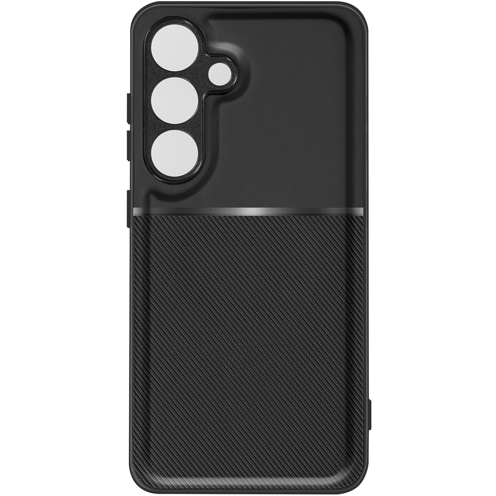 Custodia nera per telefono con metà inferiore strutturata. Ha fori per la fotocamera. Su superficie bianca.