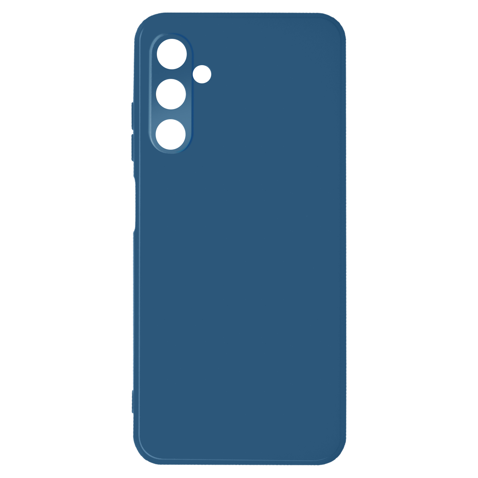 Custodia blu per telefono con ritagli per fotocamera, sfondo bianco.
