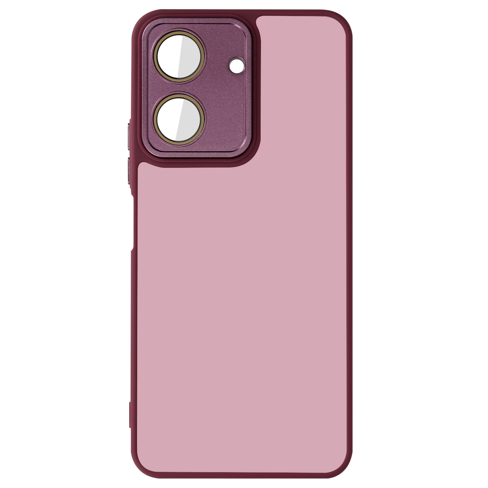 Una custodia per telefono, vista posteriore, colore rosa con modulo fotocamera e obiettivo viola scuro.