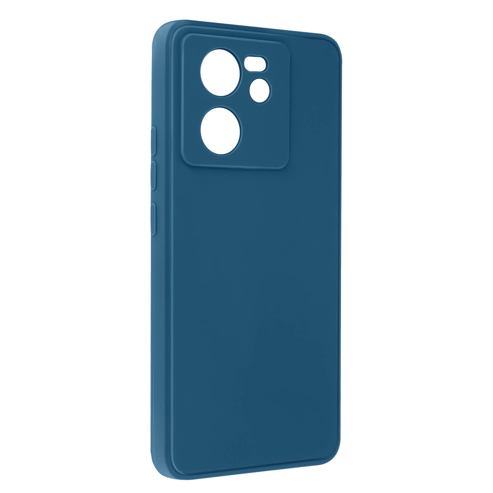Custodia blu per telefono con ritagli per la fotocamera. Ci sono tre ritagli per la fotocamera sul retro.