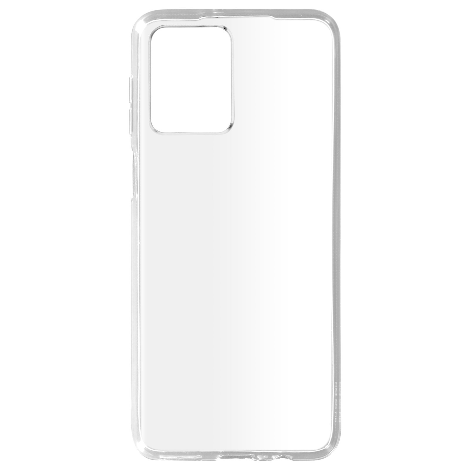 Custodia trasparente per telefono con fori per fotocamera e pulsanti.