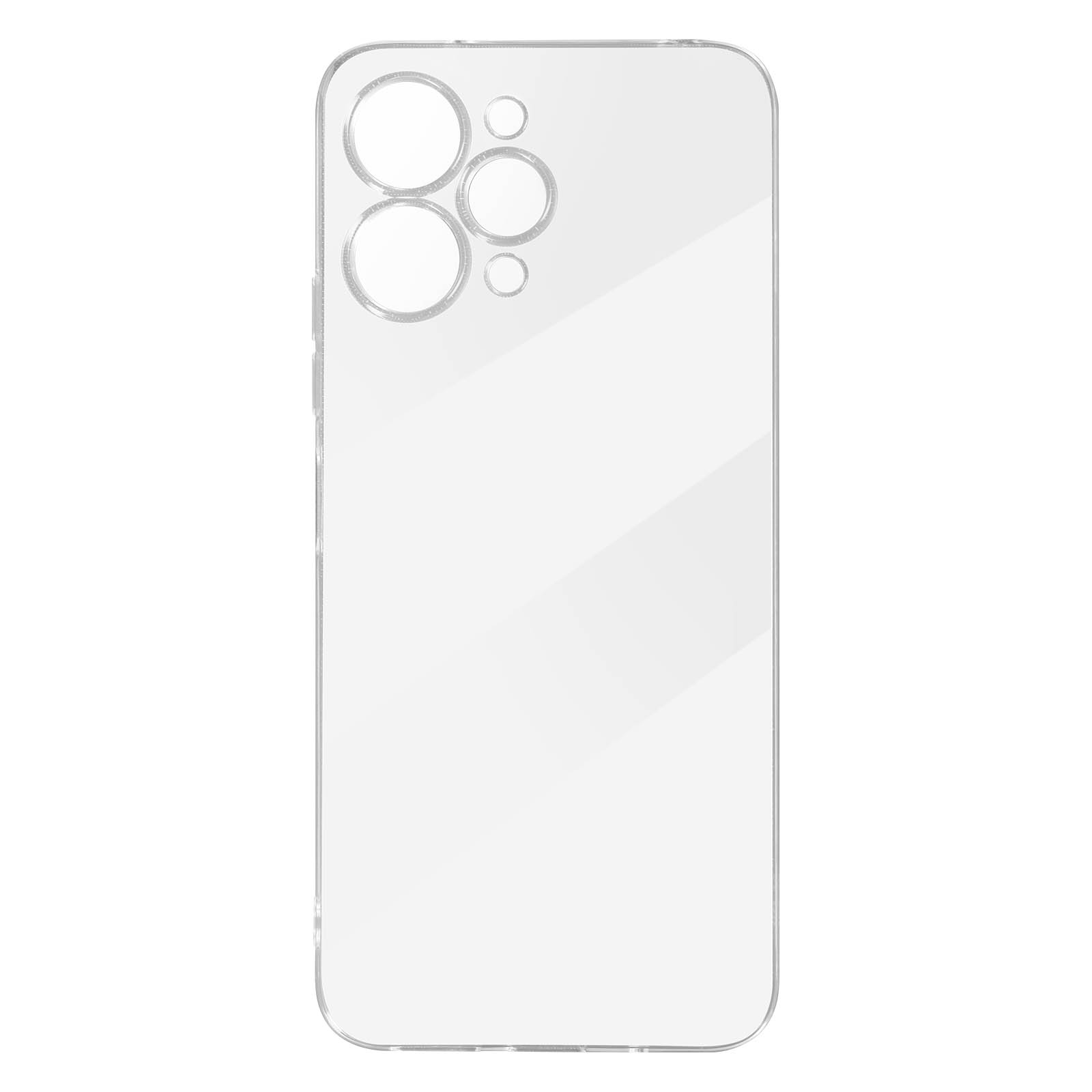 Custodia per telefono trasparente vista posteriore, con fori per fotocamera, su sfondo bianco.