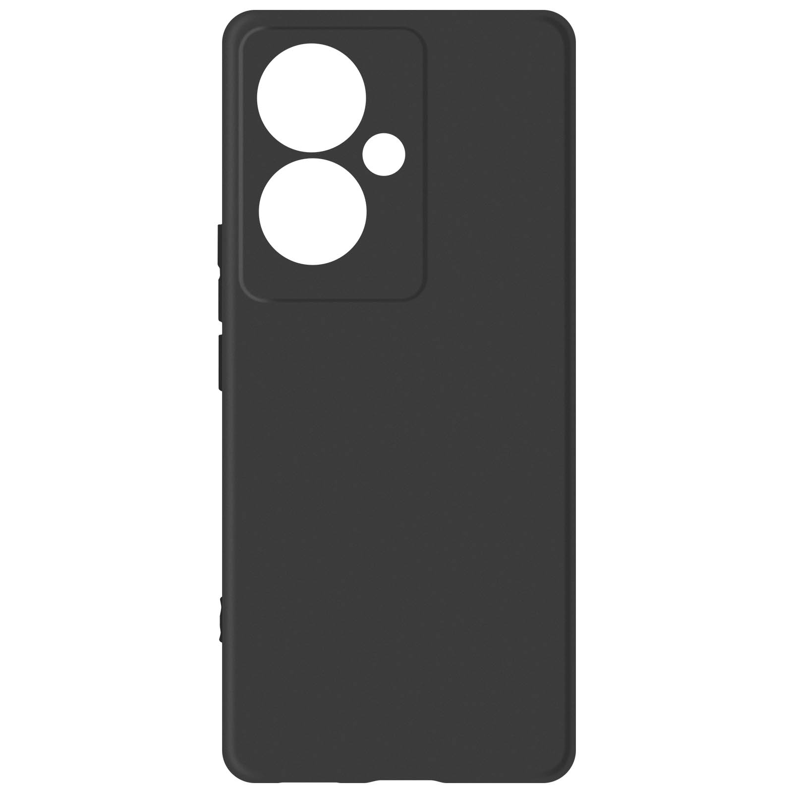 Custodia per telefono nera con ritagli per fotocamera. Custodia nera semplice. Pulsanti laterali visibili.
