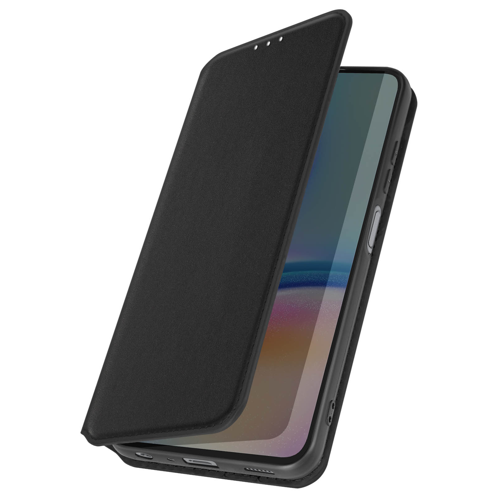 Geöffnete schwarze Handyhülle, die den Telefonbildschirm zeigt. Die Hülle hat eine Klappe.