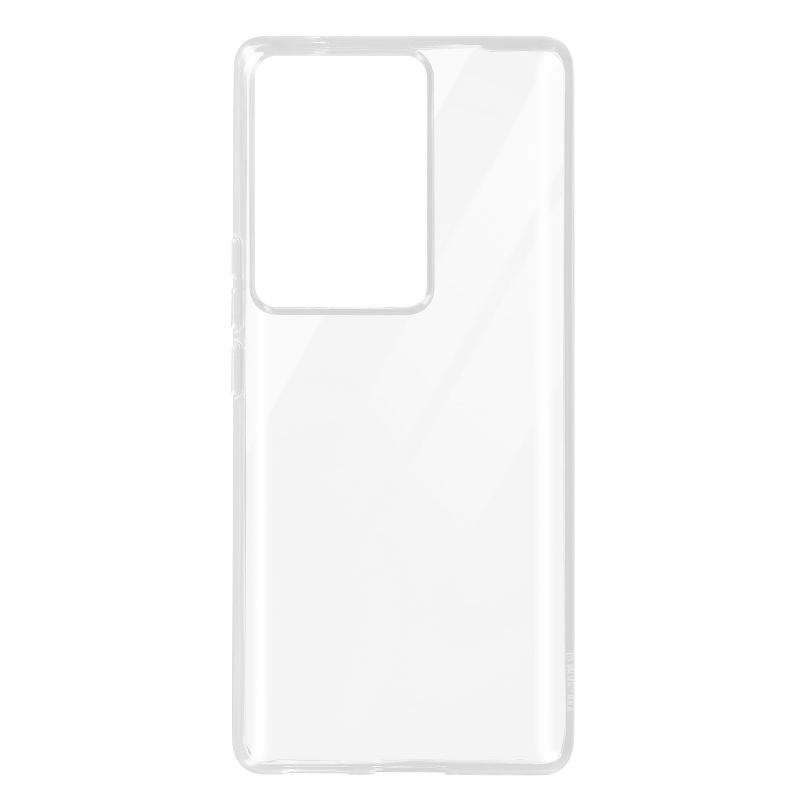 Custodia trasparente per telefono. Ha un ritaglio quadrato per la fotocamera. Sfondo bianco.