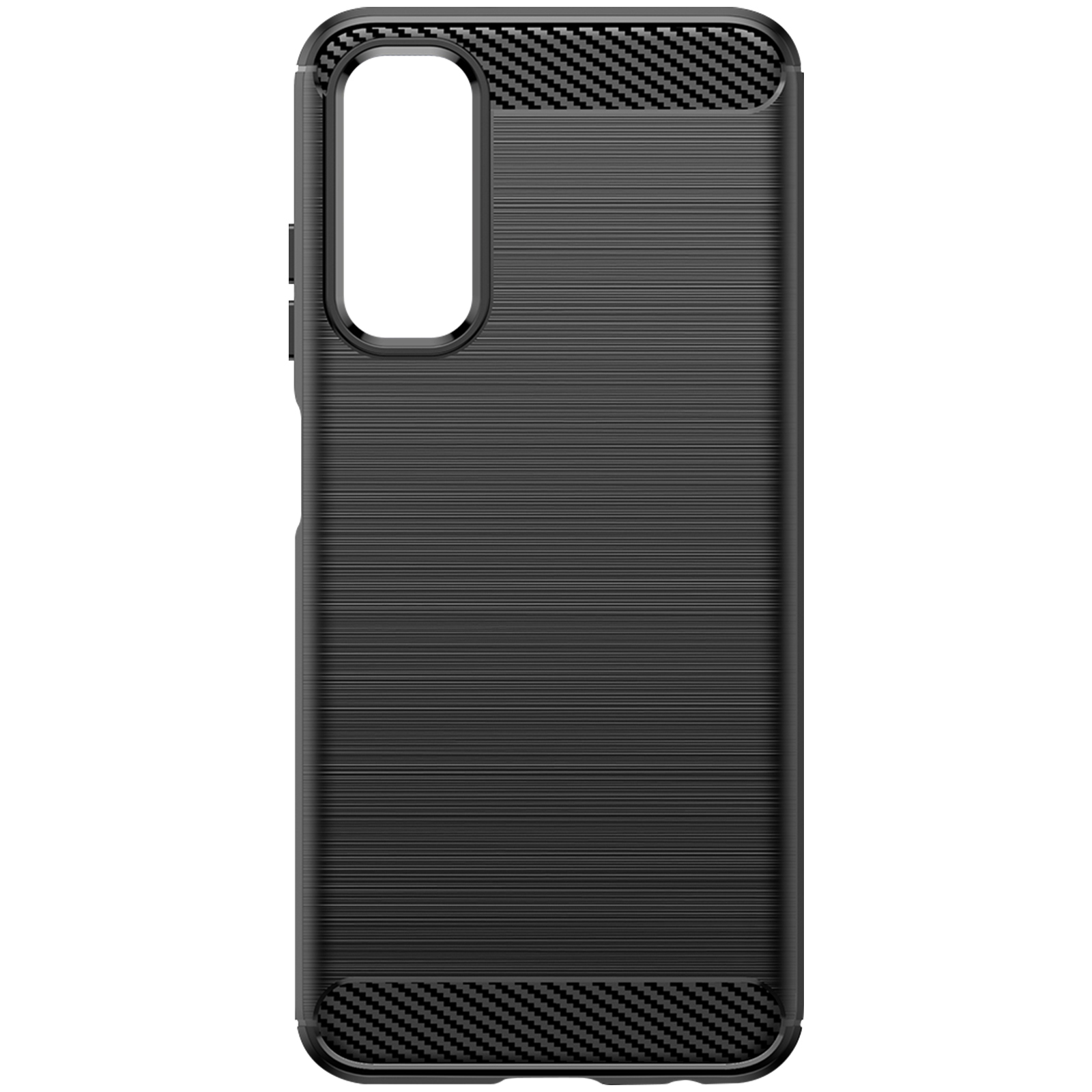 Custodia nera per telefono con una striscia strutturata. Ha un foro per la fotocamera. Su sfondo bianco.