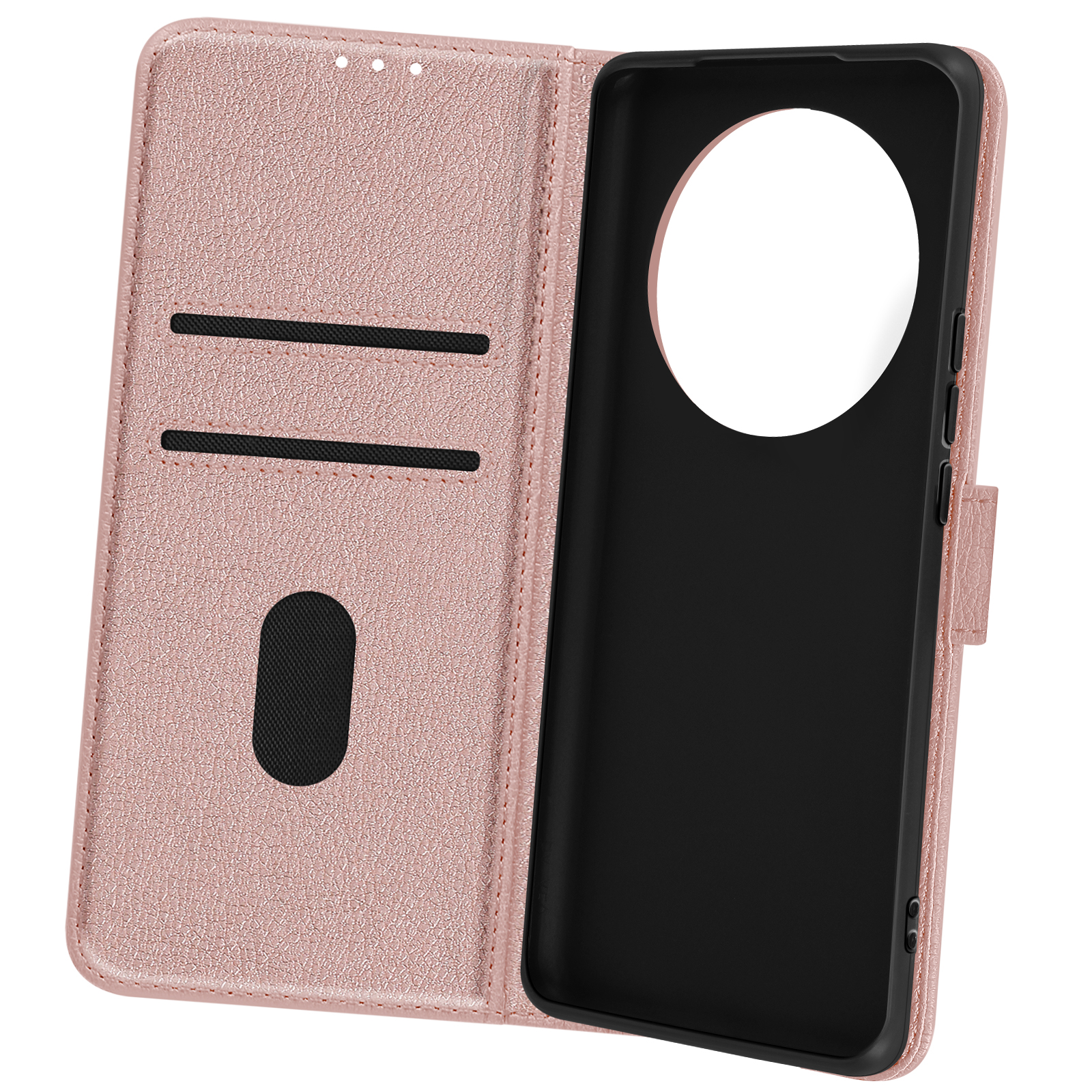 Custodia per telefono rosa aperta. Ha una cover strutturata e un interno nero con fessure per carte.