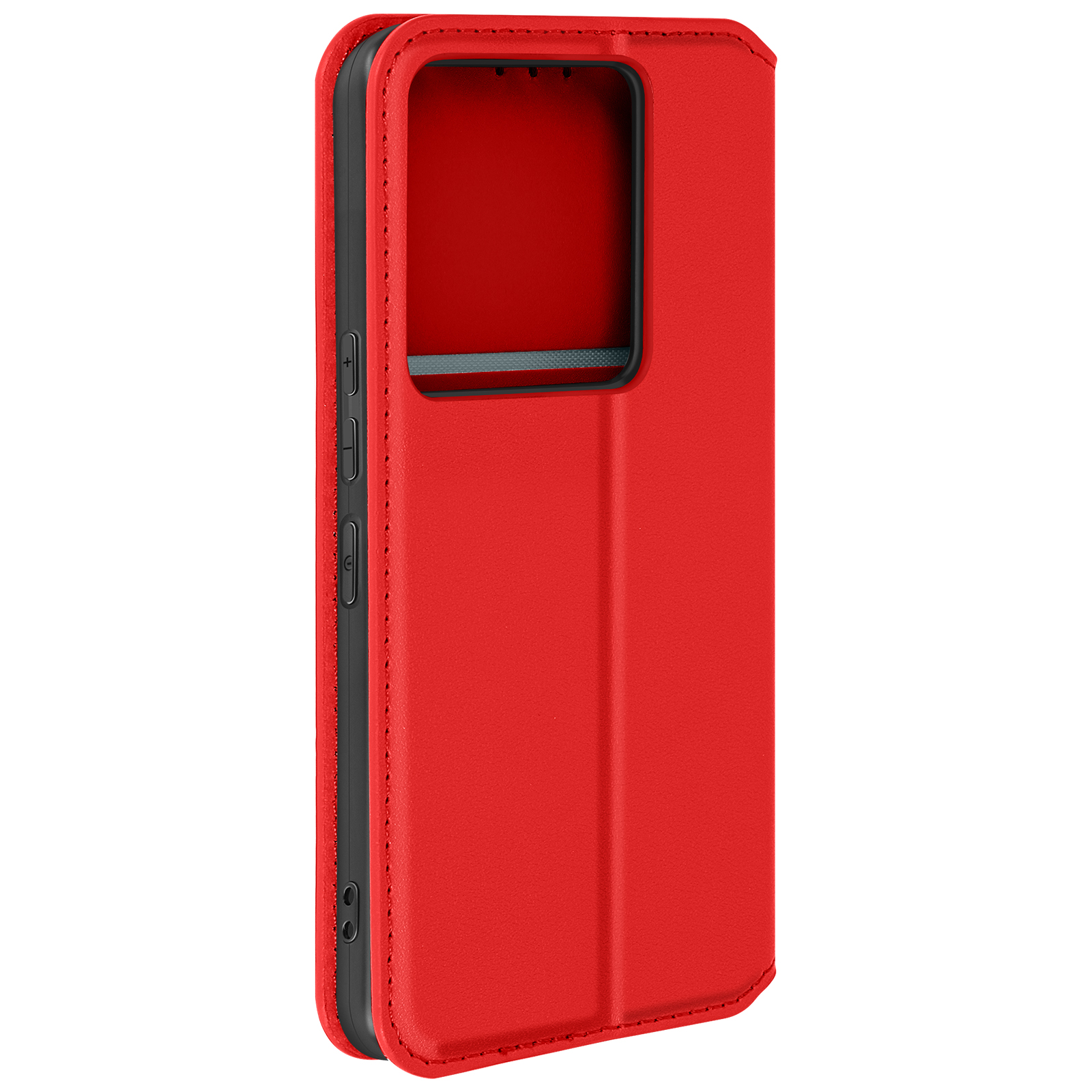 Custodia a portafoglio rossa per telefono, aperta, che rivela il telefono e l'interno.
