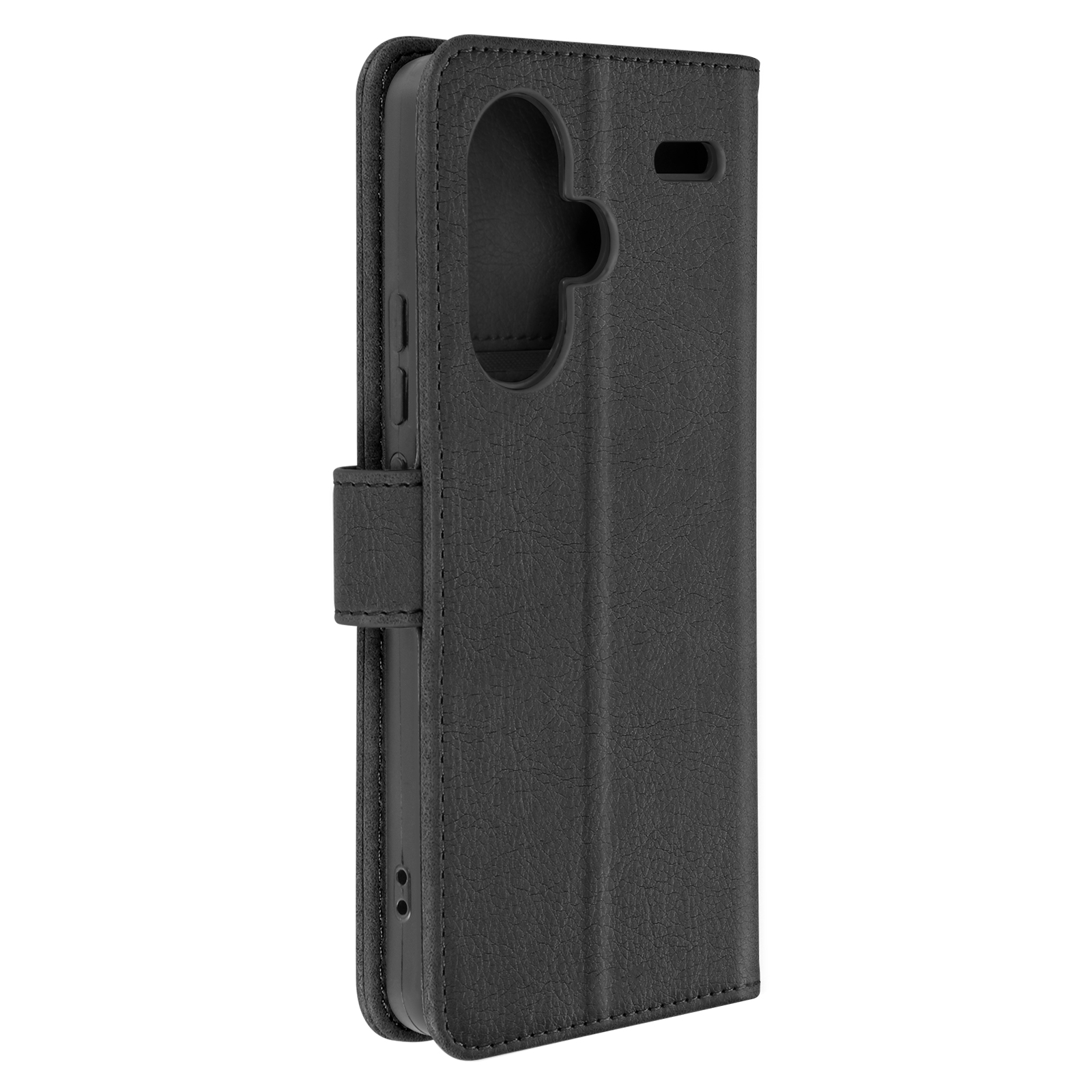 Custodia per telefono nera. La custodia è chiusa. Ha una chiusura magnetica. In ecopelle.