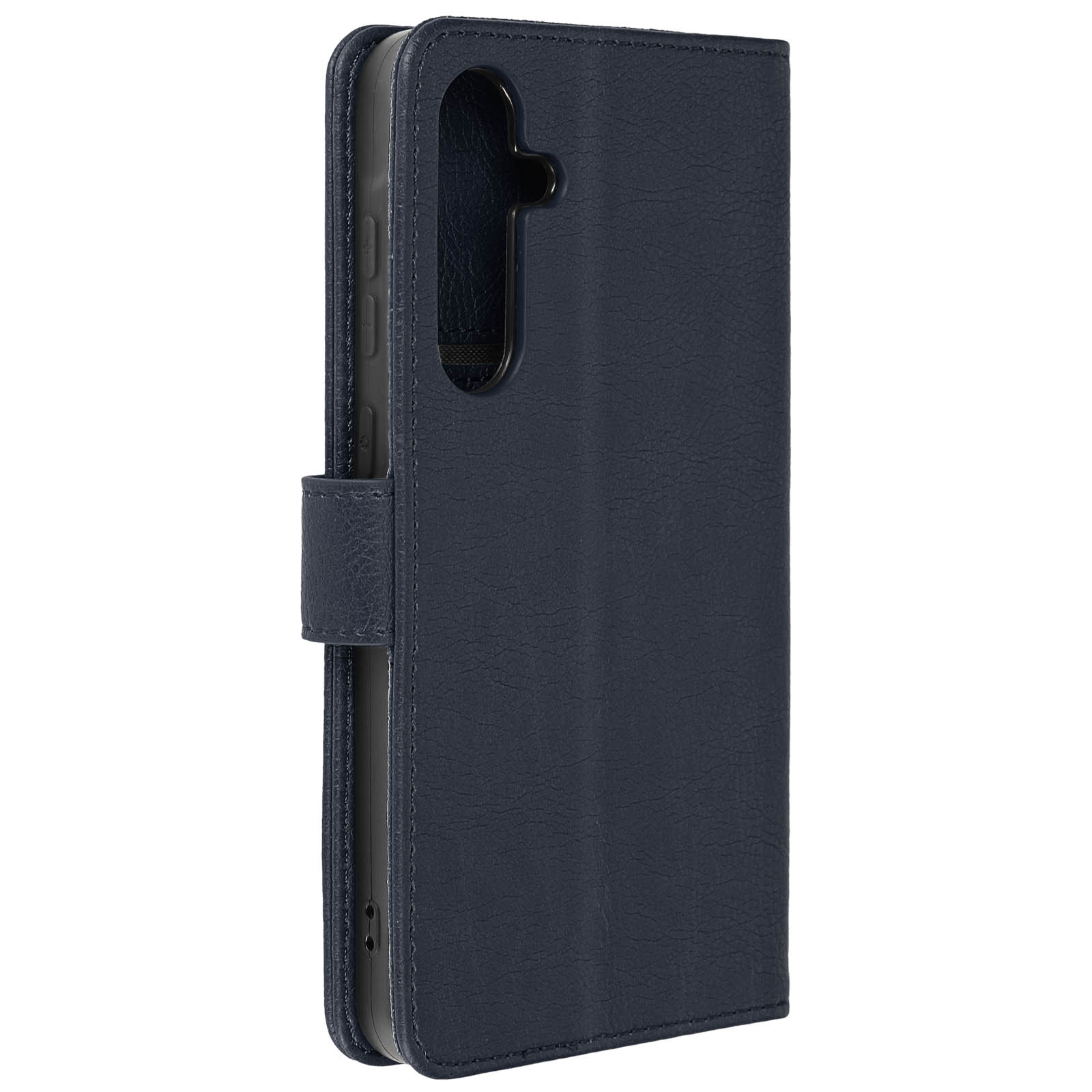 Custodia per telefono blu scuro. Ha un design pieghevole con chiusura magnetica.