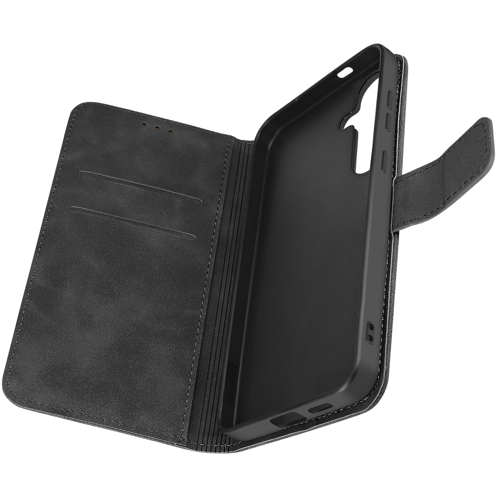 Custodia in pelle nera, stile portafoglio, aperta. Mostra telefono e fessure per carte.