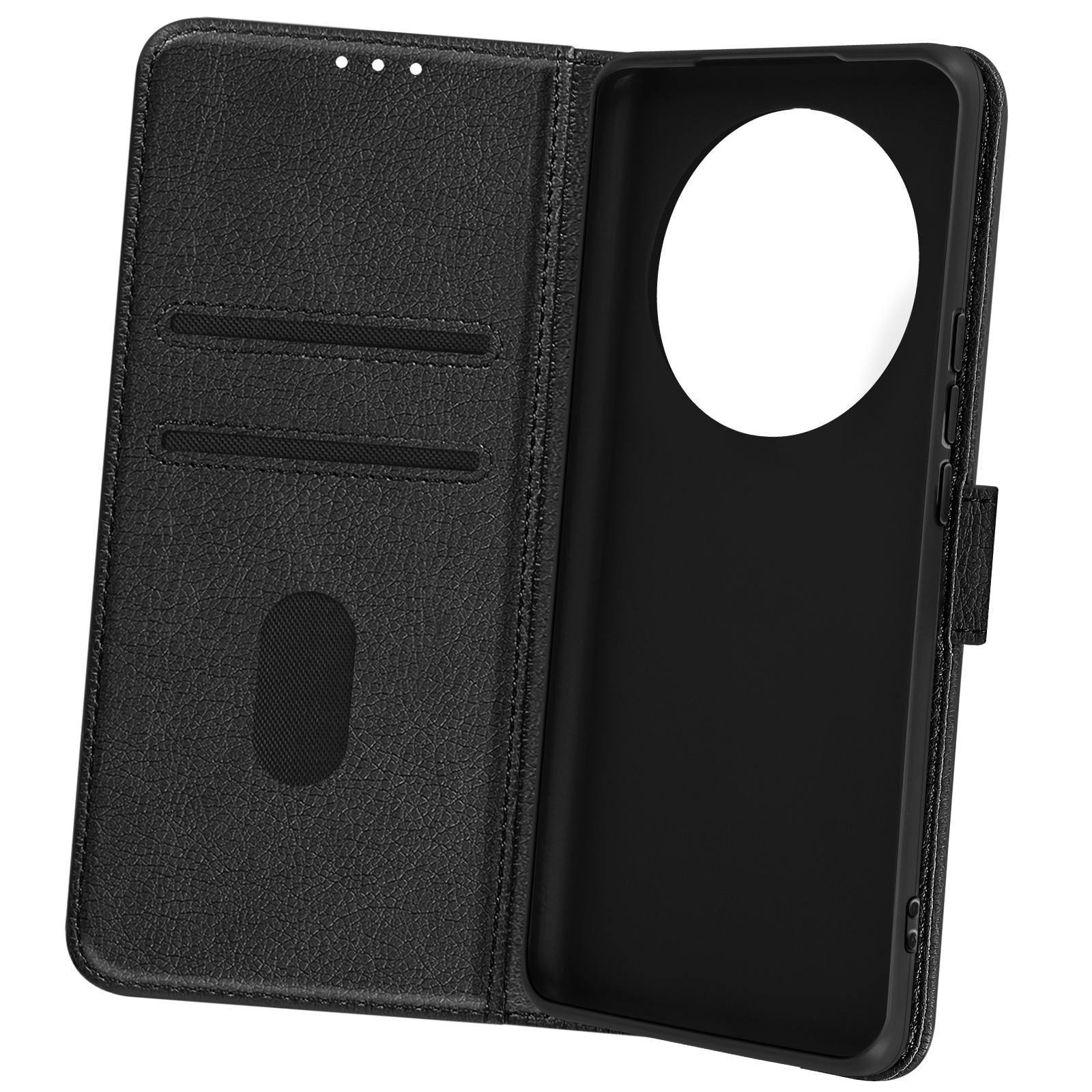 Custodia per telefono nera, aperta. Telefono dentro, schermo nero. Materiale nero simile alla pelle. Aperta lateralmente.