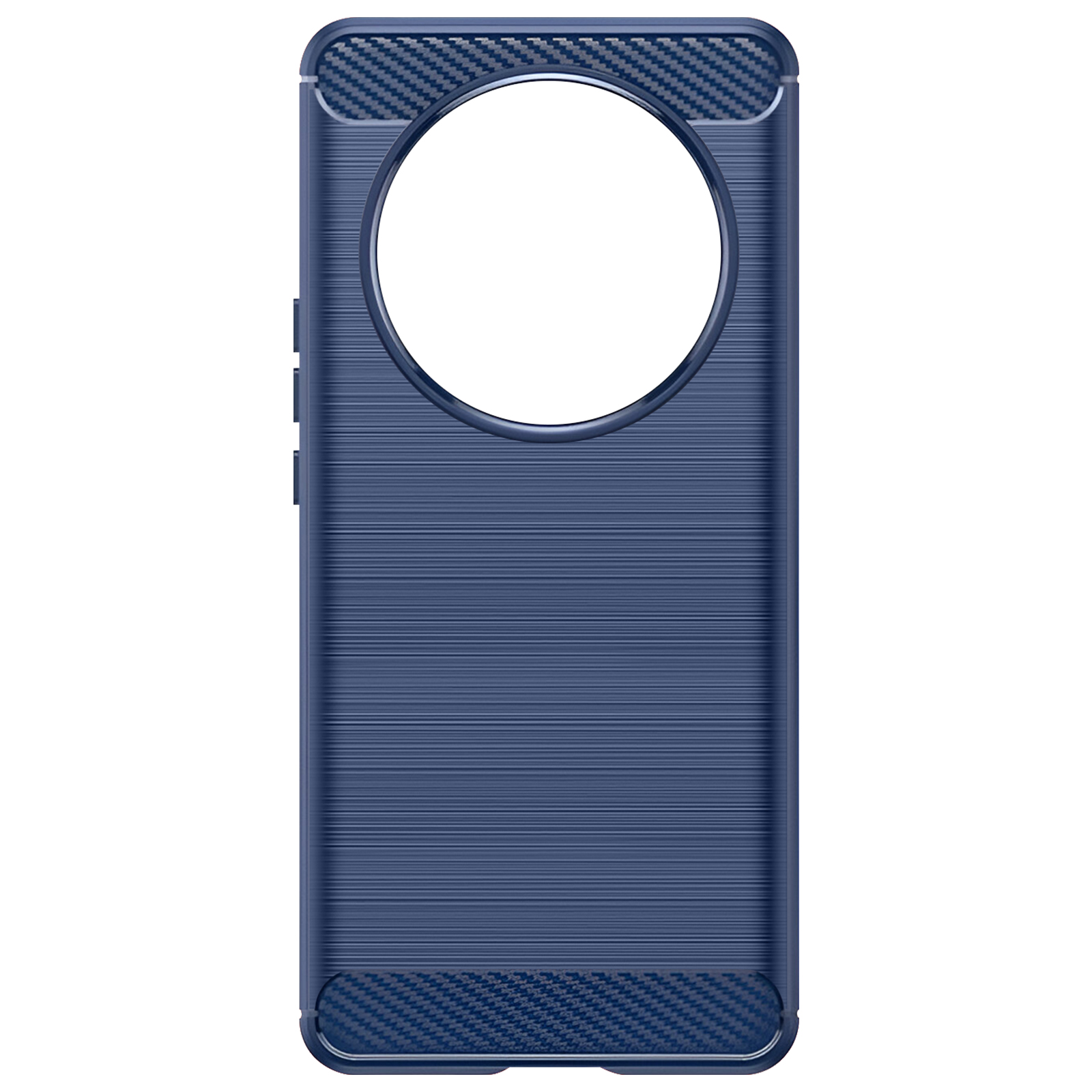 Custodia blu per telefono. Design in fibra di carbonio. Presenta un ritaglio per la fotocamera e un design unico.