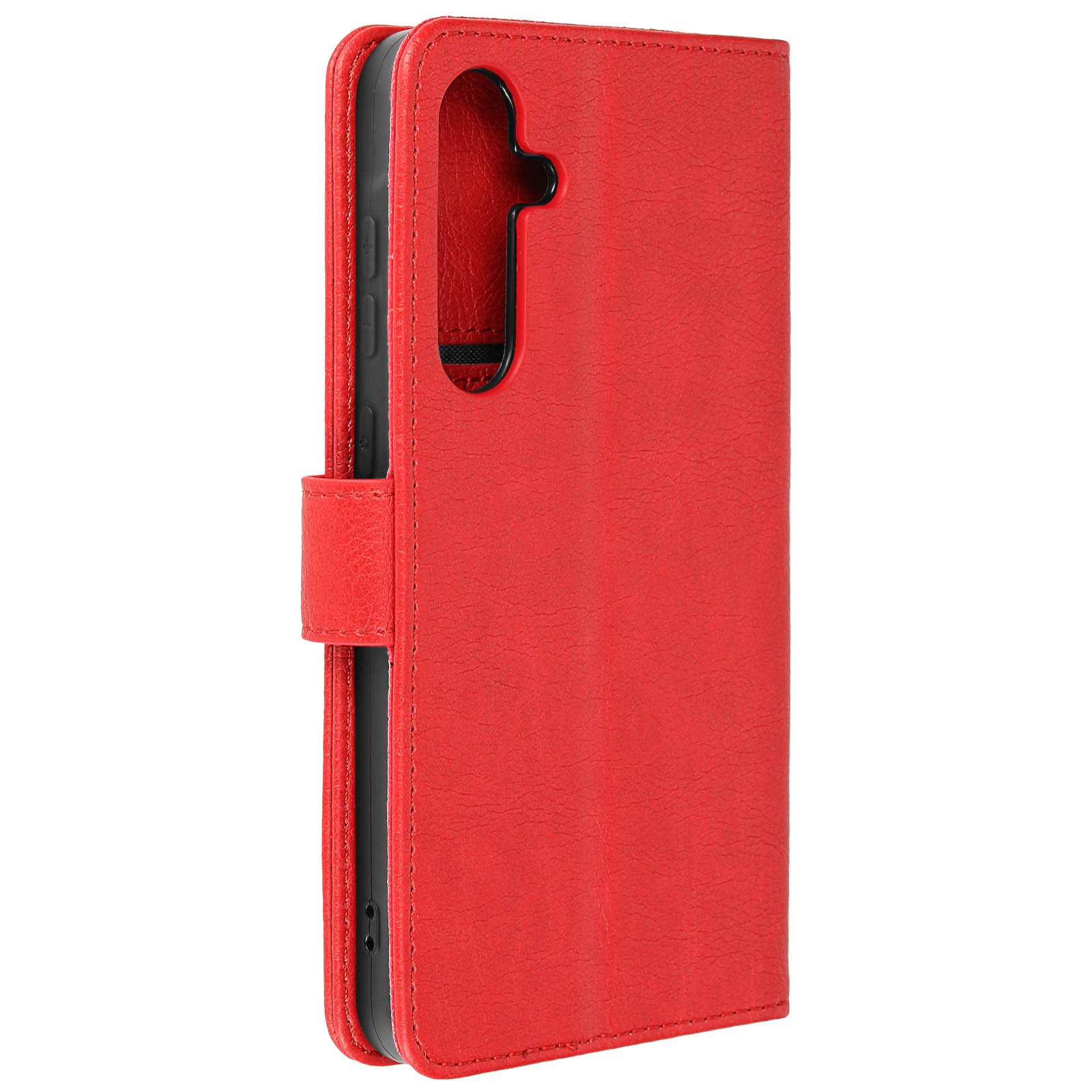 Custodia rossa per telefono, chiusa. Vista laterale con fori, sfondo bianco.