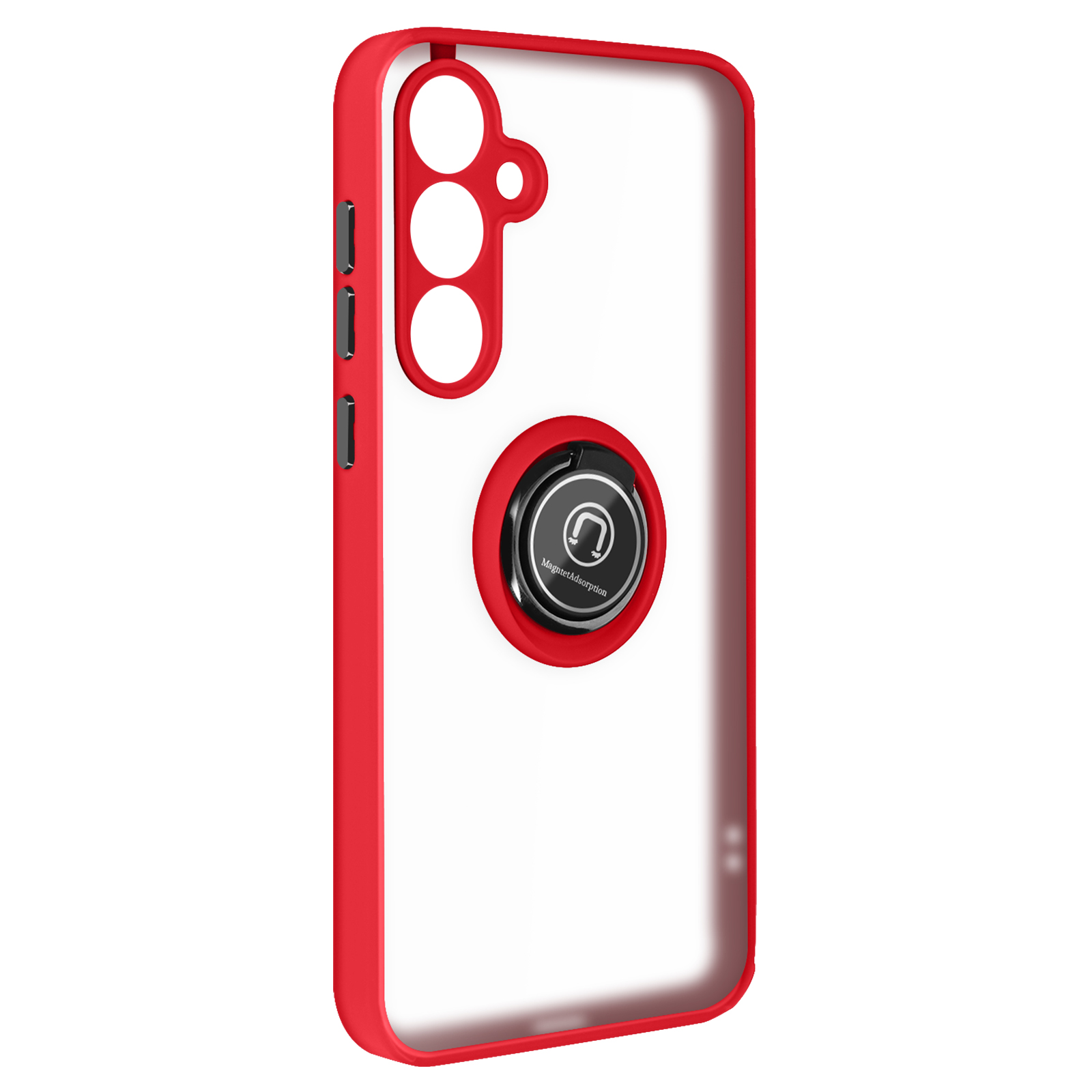 Custodia per telefono rossa e trasparente con supporto ad anello. Cornice e anello rossi, retro trasparente.