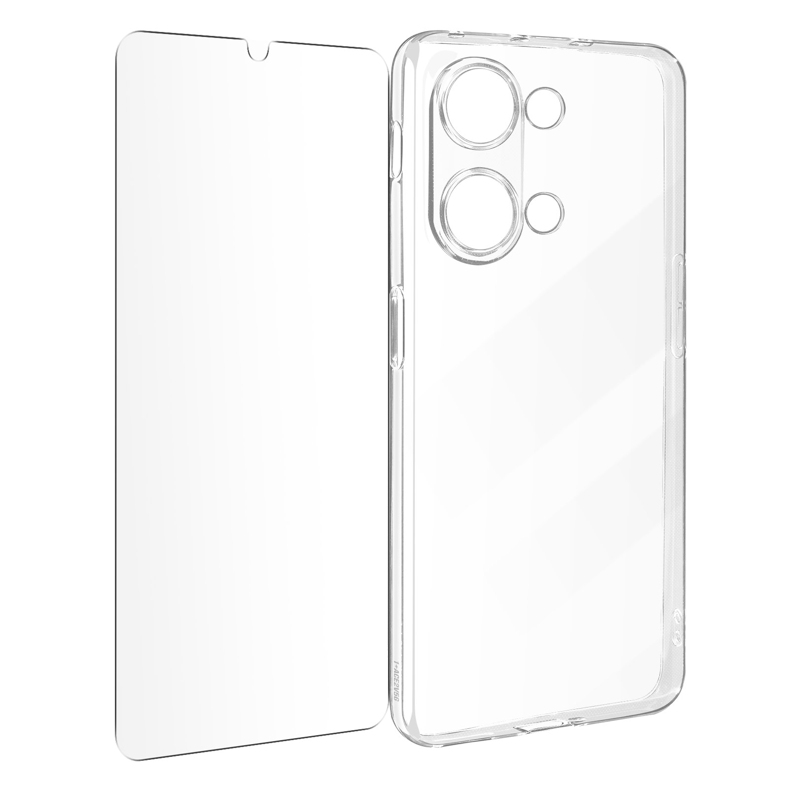 Transparente Handyhülle und Displayschutzfolie auf weißer Oberfläche.