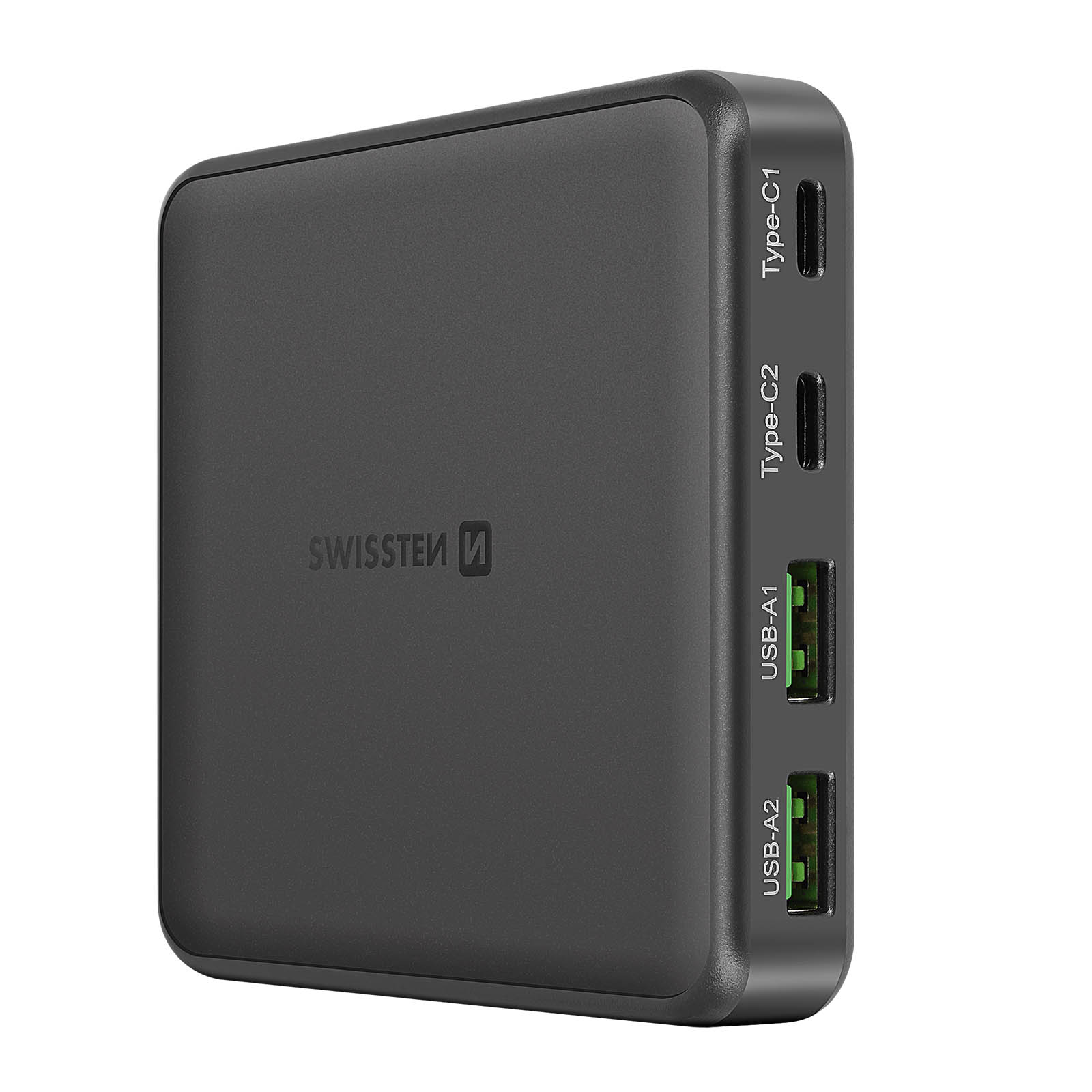 Schwarze Powerbank mit mehreren Anschlüssen. Markenlogo vorne. Typ-C- und USB-Anschlüsse sichtbar.