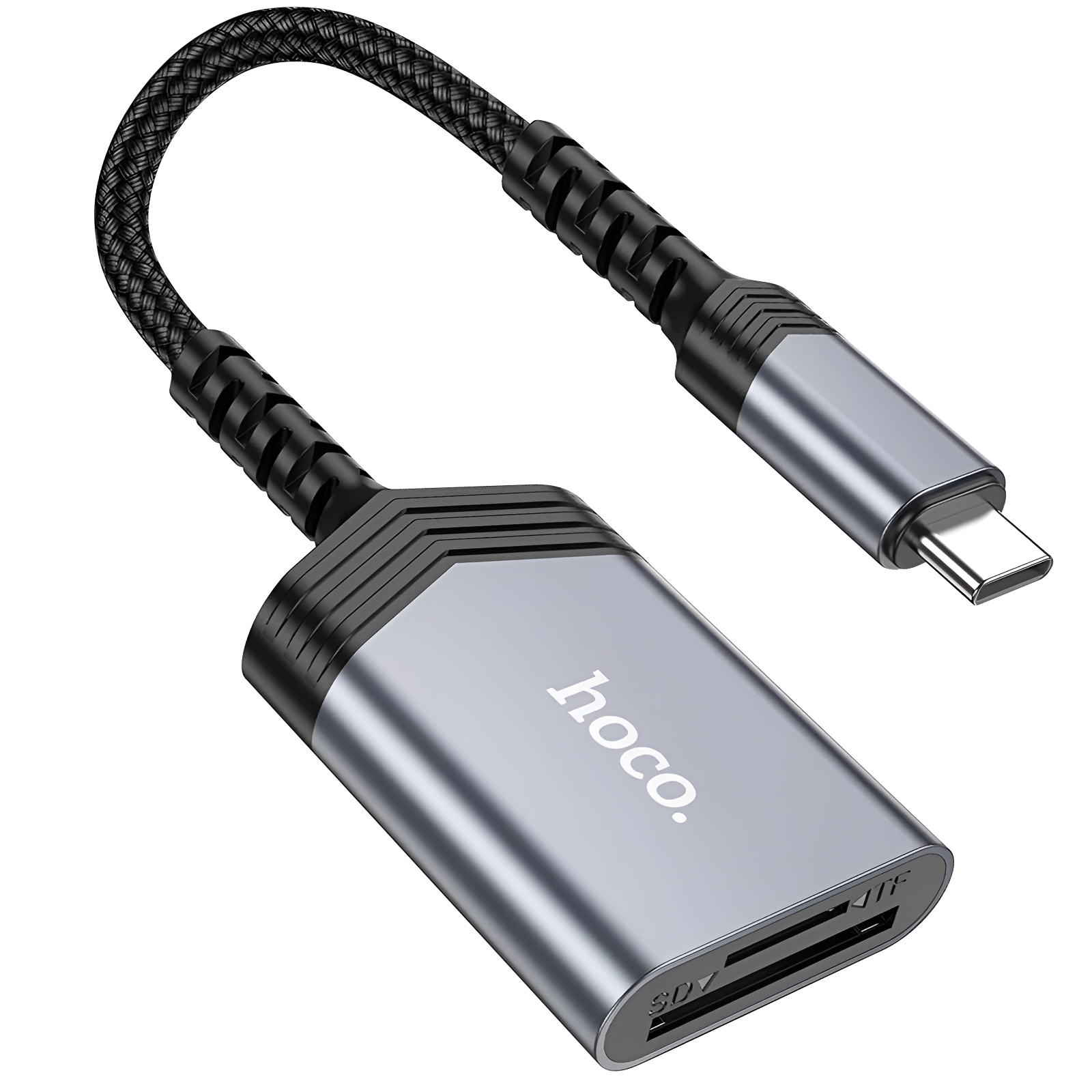 Lettore di schede SD argentato con cavo intrecciato nero e connettore USB-C.