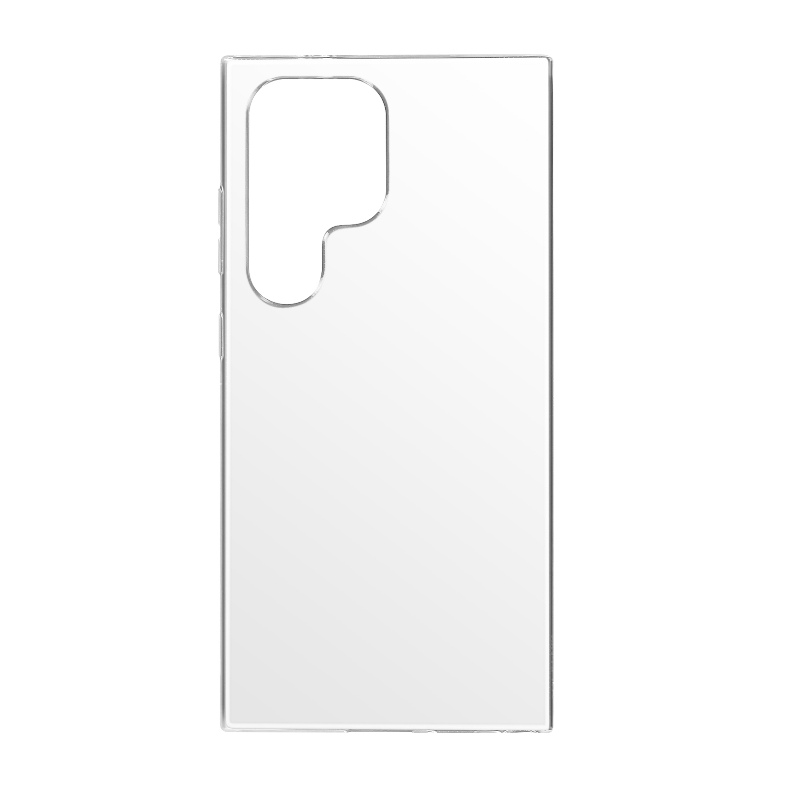 Custodia trasparente per telefono. Ha un ritaglio curvo per la fotocamera. Sfondo bianco.