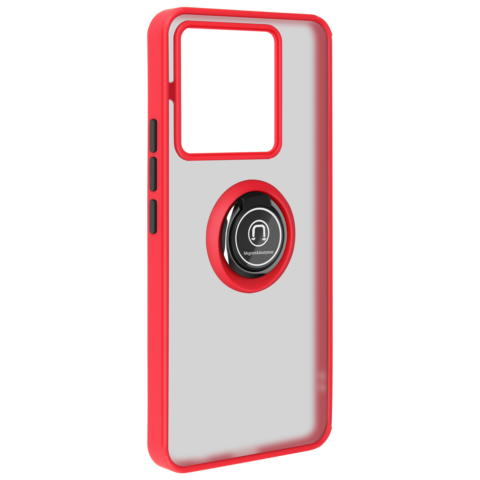 Custodia rossa per telefono con anello. Il retro è trasparente.