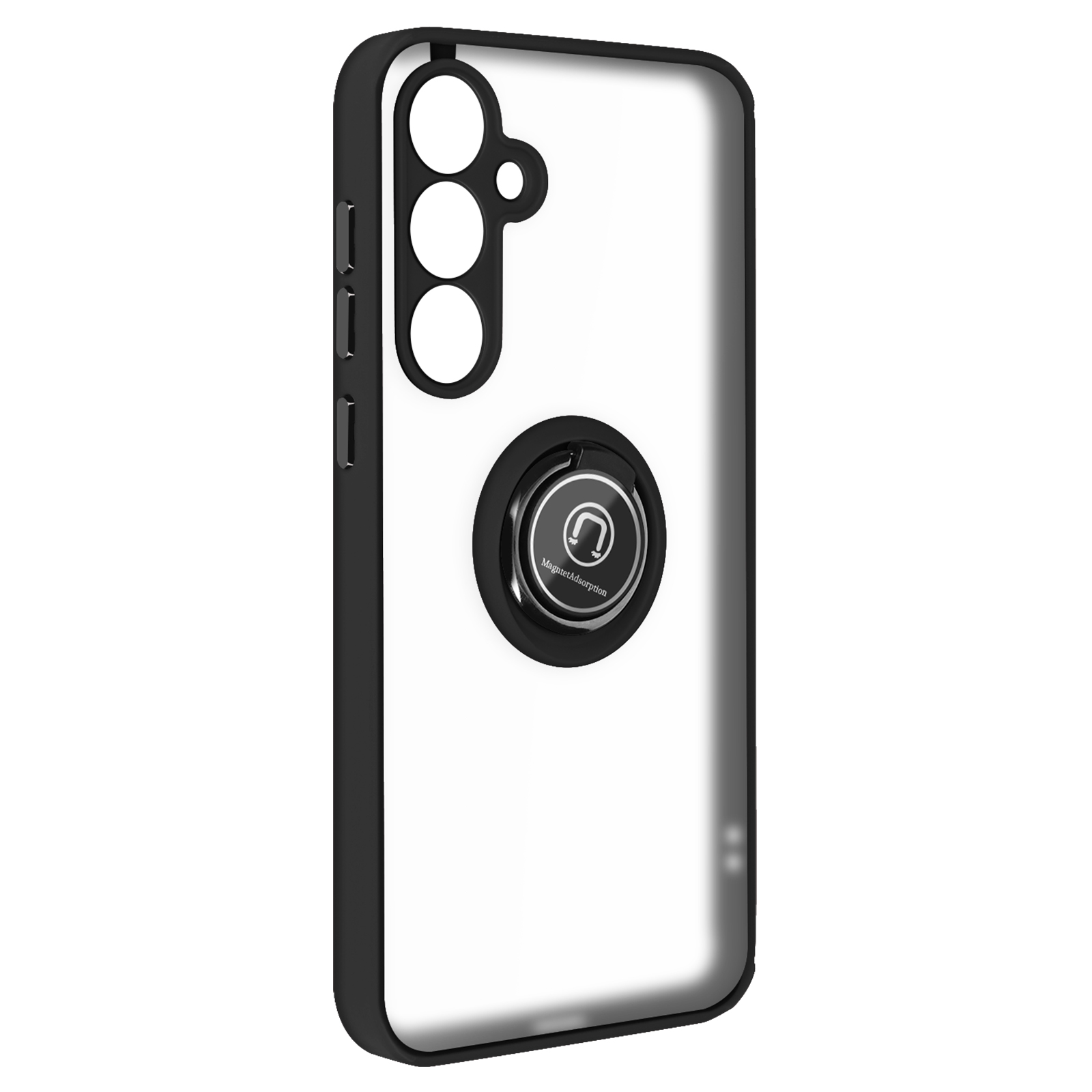 Custodia trasparente per telefono con un anello nero sul retro. L'anello ha un magnete.